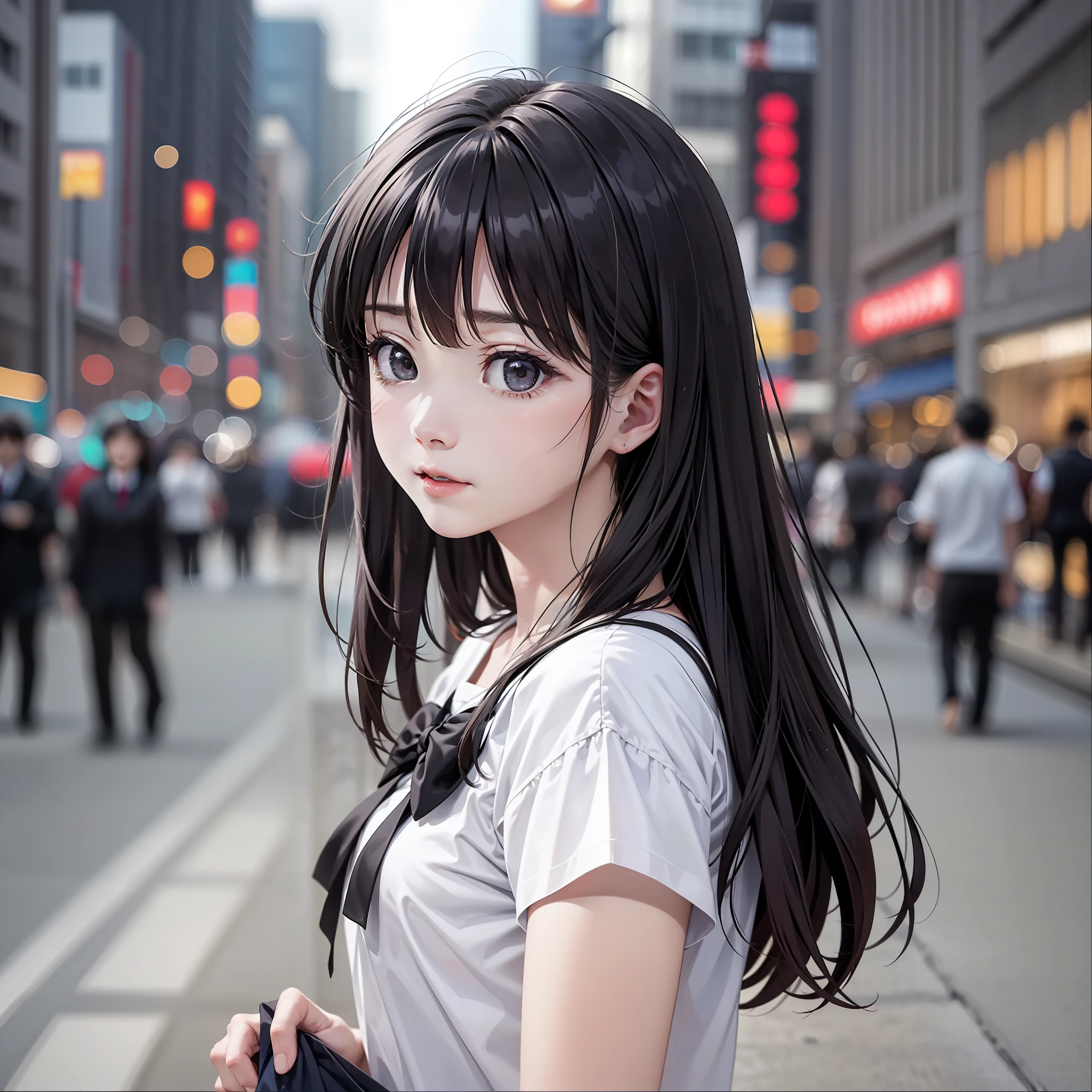 ((​masterpiece))、HD、top-quality、ultra-detailliert、hight resolution、Harajuku、Very delicate and beautiful portrait of a cute woman、hi-school girl、The long-haired、Striking black hair and gray eyes、Bright city lights、Surrounded by a sense of mystery。