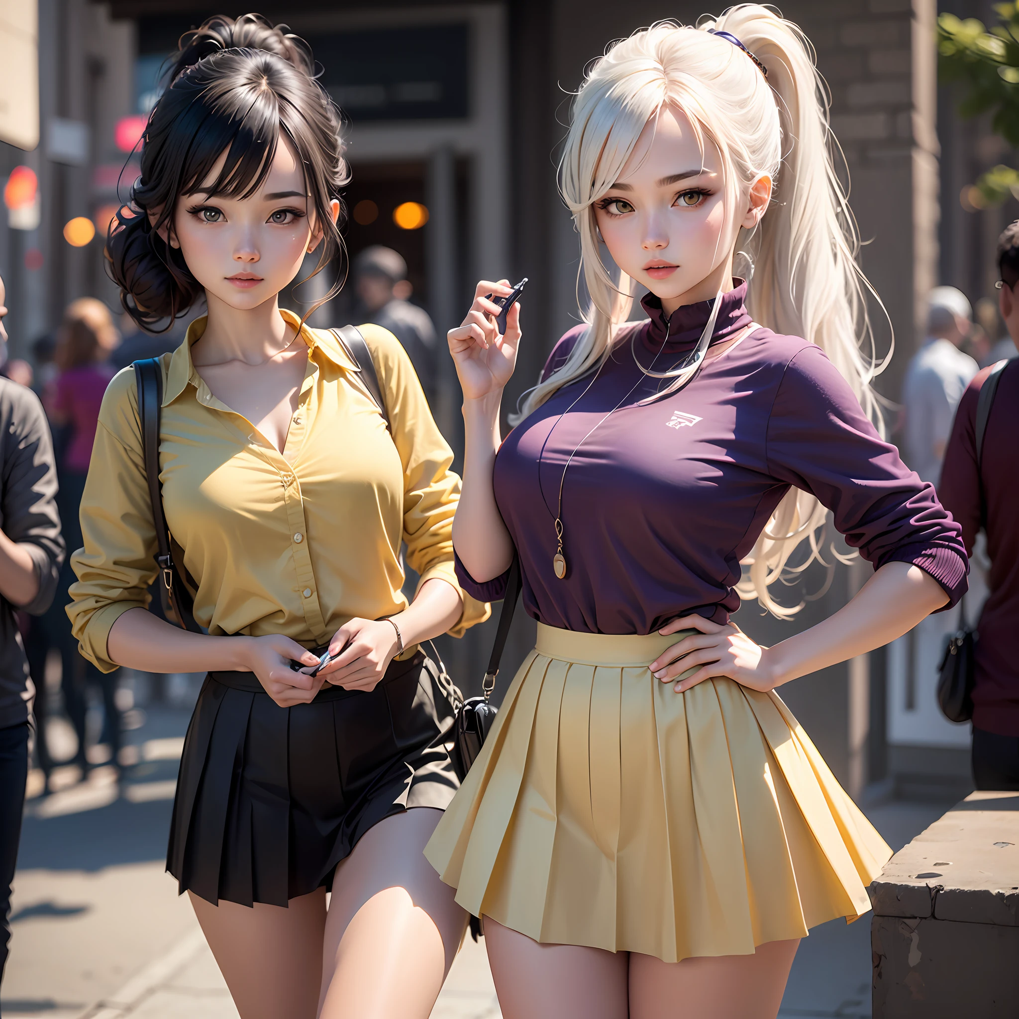 best qualtiy, tmasterpiece, 1girll, beauitful face, (photograph realistic:1.3), edge lit, (highdetailskin:1.2), 8K UHD, digital SLR camera, high high quality, A high resolution, 4K, 8K, Bokeh, absurderes, Optimal proportions of four fingers and one thumb, (realisticlying:1.3), Cute 1girl, Tall,Pure white hair color,High ponytail,Yellow people,Whitish skin,Pleated skirt,Purple pupils,college aged。 --auto