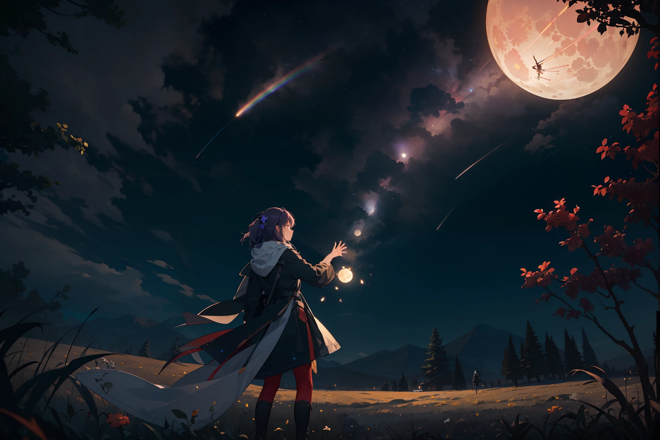 A wide landscape photo, (viewed from below, the sky is above, and the open field is below), a girl standing on a flower field looking up, (full moon: 1.2), (meteor: 0.9), (nebula: 1.3), distant mountains , Trees BREAK Crafting Art, (Warm Light: 1.2), (Firefly: 1.2), Lights, Lots of Purple and Orange, Intricate Details, Volumetric Lighting BREAK (Masterpiece: 1.2), (Best Quality), 4k, Ultra Detailed, (Dynamic Composition: 1.4), Rich in Detail and Color, (Rainbow Color: 1.2), (Glow, Atmospheric Lighting), Dreamy, Magical, (Solo: 1.2)