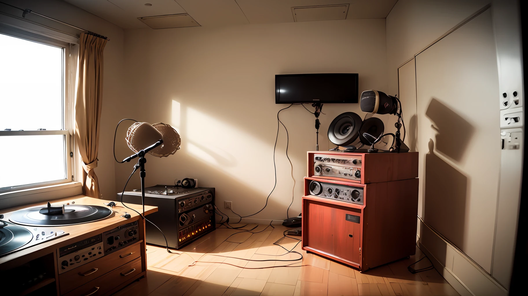 (Empty, quiet red bright recording studio with a minimalist design, vintage equipment, including a microphone and turntables, with old-school charm. Isolated space.) --auto