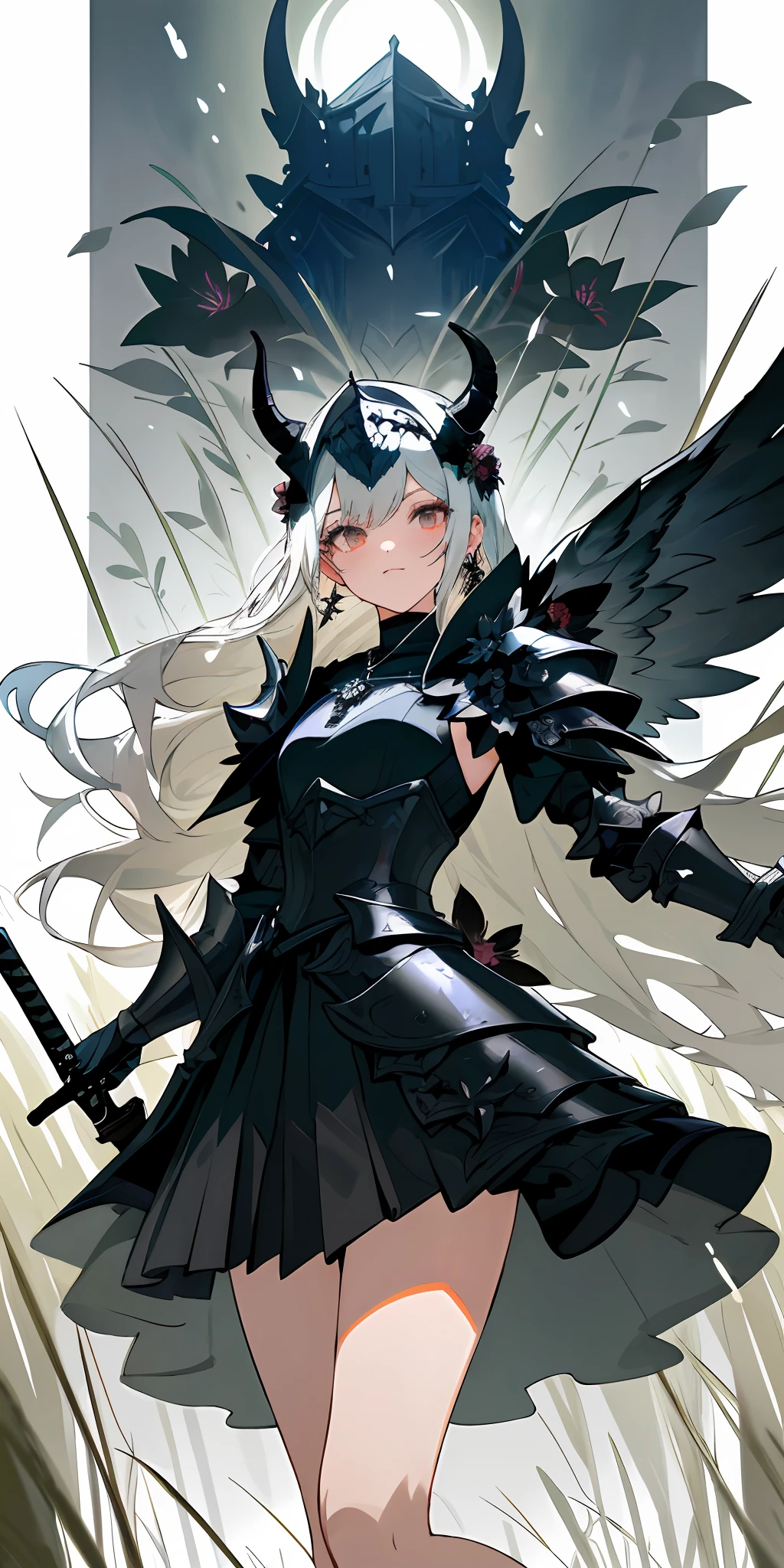 Anime characters with black wings and a black dress with a sword, angel knight girl, From the night of the ark, pale black armor, Guweiz in Pixiv ArtStation, trending on artstation pixiv, angel knight gothic girl, Guweiz on ArtStation Pixiv, as a mystical valkyrie, Armor Girl, armor angle with wing, arknight, zerochan art