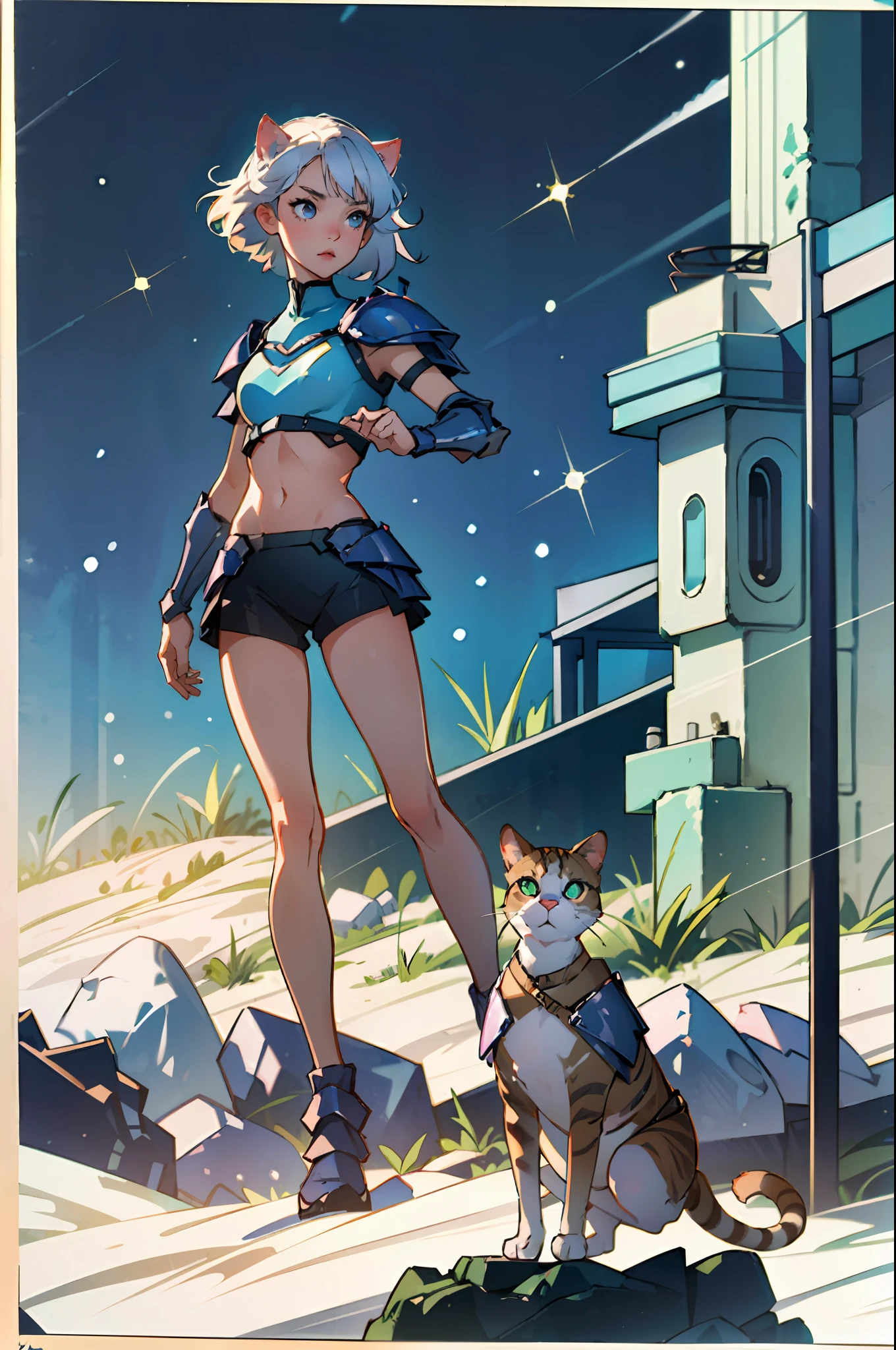 (full body), intricate azure armor, detailed gorgeous face, cat ears, beautiful young american girl, medium length white hair, toned stomach, showing midriff, with a cat, (photorealistic, photorealism), (8k, RAW photo, highest quality, masterpiece, ultra-high resolution, physics-based rendering)