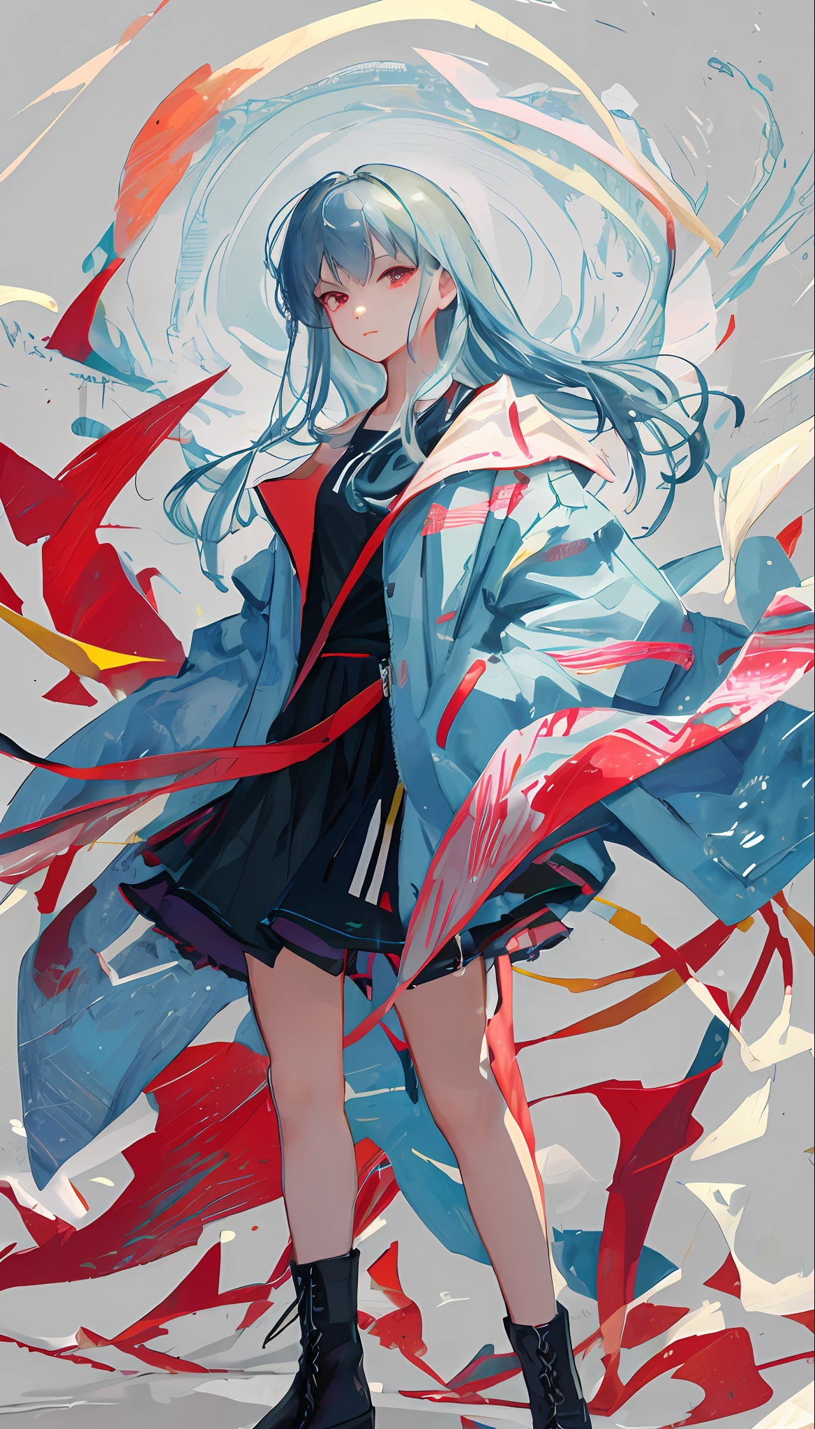 (Masterpiece), (Best quality), (Ultra detailed),(disheed hair),(illustration), (1girll), (Fashionable clothing), standing, Fashion model, view the viewer, (interview), (Simple background),美丽细致的眼睛，Delicate and Pretty Face，afloat，（high saturated），whaite hair，Red eyes，long whitr hair