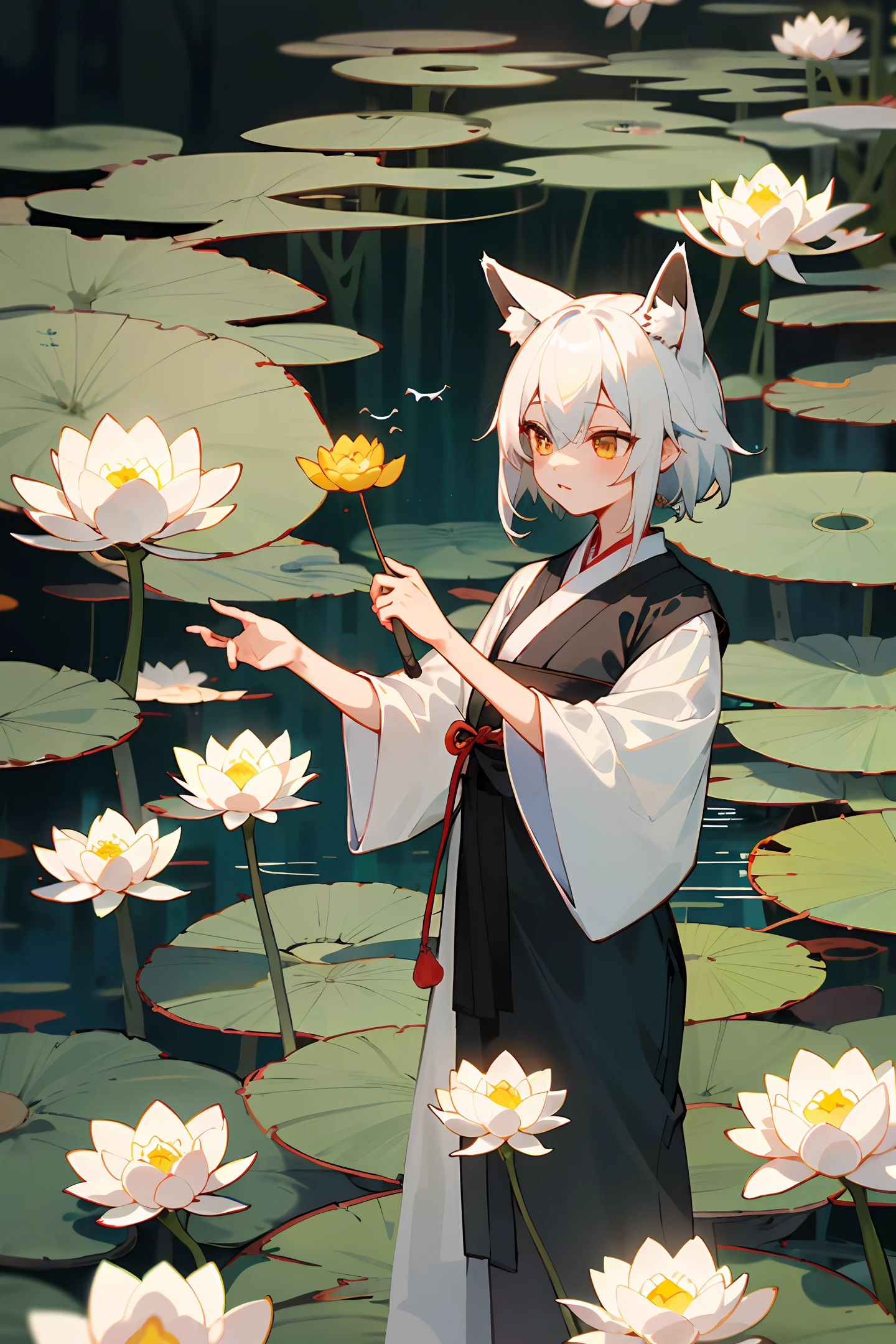 ((4k,masterpiece,best quality)), shuimobysim, Traditional chinese painting, lotuses, Hanfu, maxiskit, Dress open 1 girl, 独奏, White hair, fox ear, white colors, The fish, There are a lot of fish near the girl, Just look at the audience,Tease oneeshota,