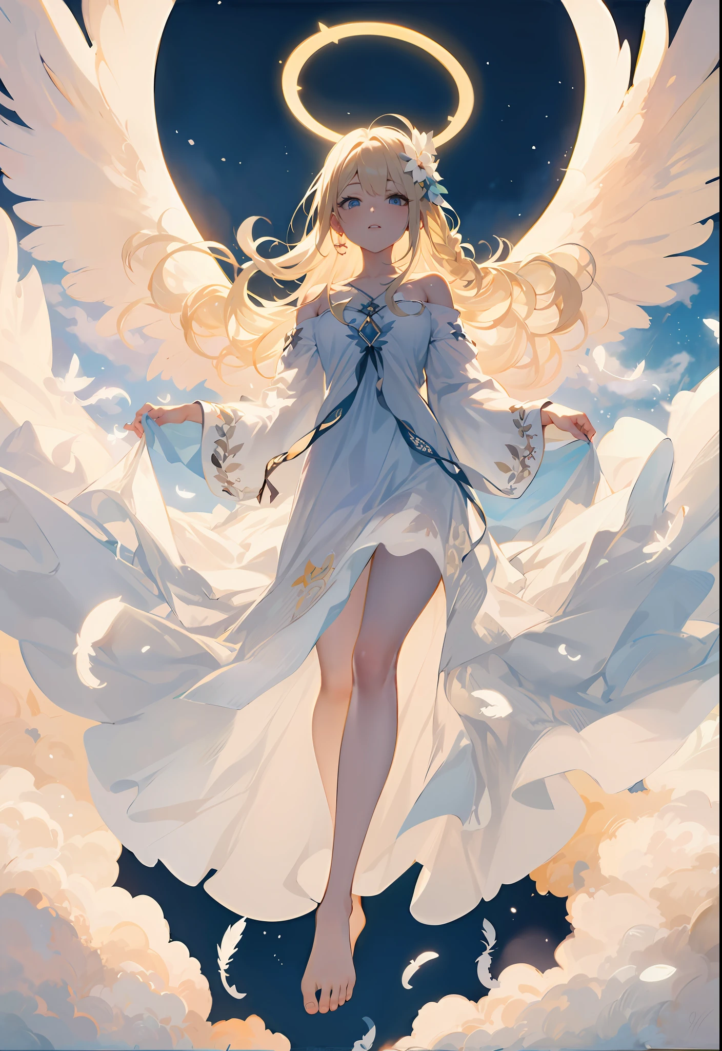 Anime - style image of a woman in a white dress with angel wings, full - body majestic angel, of beautiful angel, guweiz on pixiv artstation, anime art wallpaper 4k, anime art wallpaper 4k, Anime art wallpaper 8k, anime goddess, of an beautiful angel girl, digital art on pixiv
