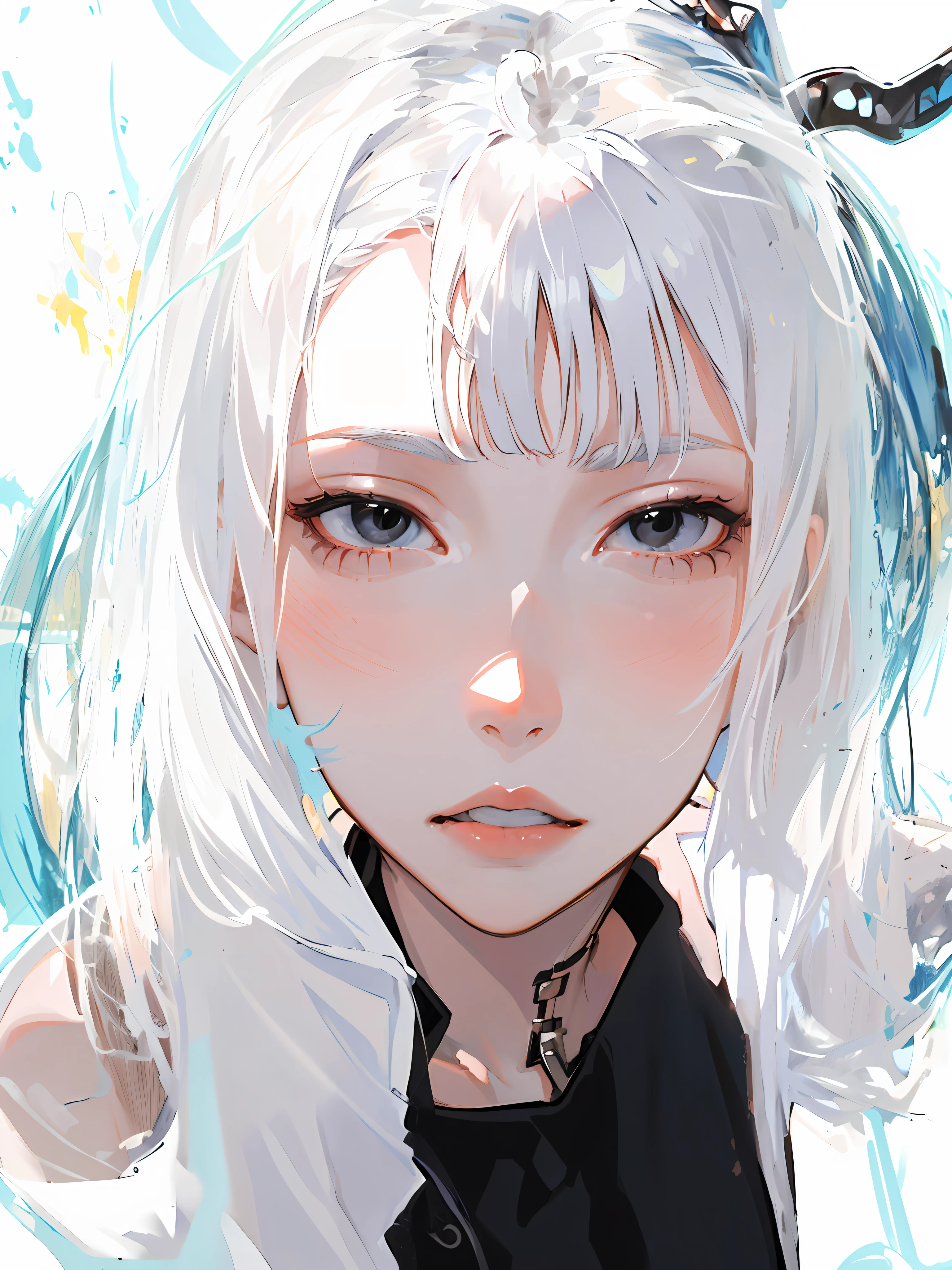 ((masterpiece, best quality)), (1girl), (solo), (female focus), (ahoge, white hair, short hair), black eyes, ((white shirt), (buttoned shirt)), ((black skirt), (short skirt)), standing, white background, behind arms,