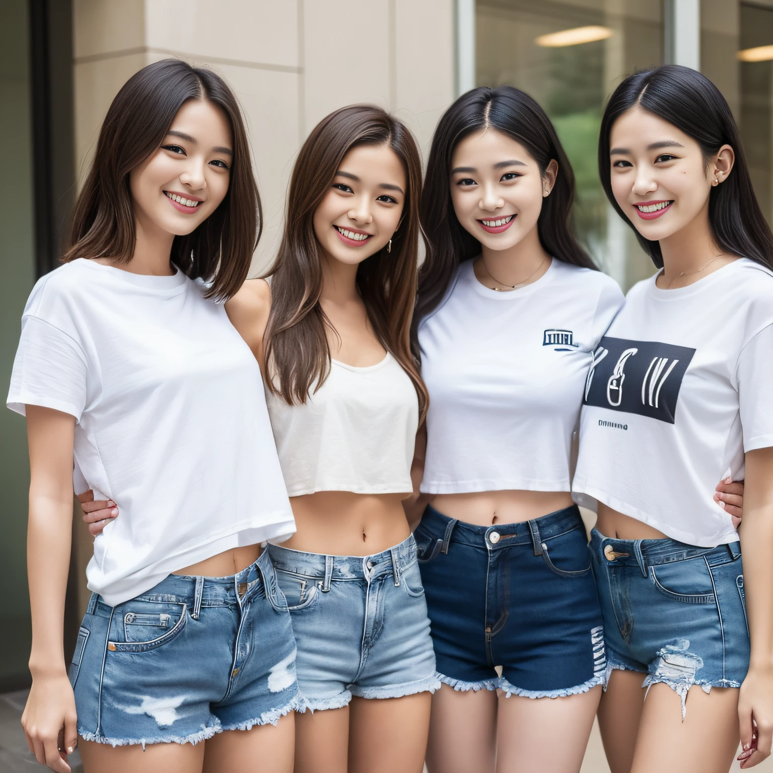 Smiled face、white  shirt、Denim shorts