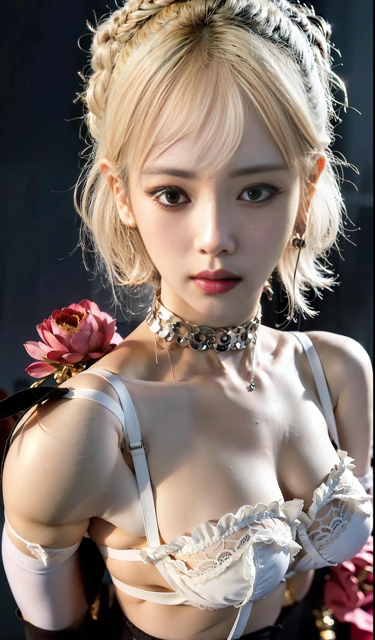 Upper body, torso, cowboy shot, Realistic photo of Korean goddess in luxurious living room, ((front body to viewers)), slender kpop-idol, Beautiful details for girl, very detailed eyes and face, beautiful eye details, super detailed eyes, glossy skin, super detailed, high resolution, very detailed, best quality, amazing, exquisite details with white hair, best quality, very detailed CG, 8k wallpaper, facing audience, shoulders, seduction, fun, (sexual innuendo), light on the face, soft lighting, 1 girl, ((face)), (((transparent lingerie))), (white lace lingerie), (white garter belt), (erotic lingerie), (double eyelids), Buttocks exposed, open crotch stockings, teen, hot, box, (((white hair))), ((((very very short hair)))), ((erected_nipples)), (Protruding_nipples), ((female pubic hair)), ((long neck)), (albino), (slender body), ((medium breasts)), (perfect figure), (tiny waist), ((white choker)), silver earrings, (front shot), light on the face, ((large areola)), ((((shallow depth of field))))