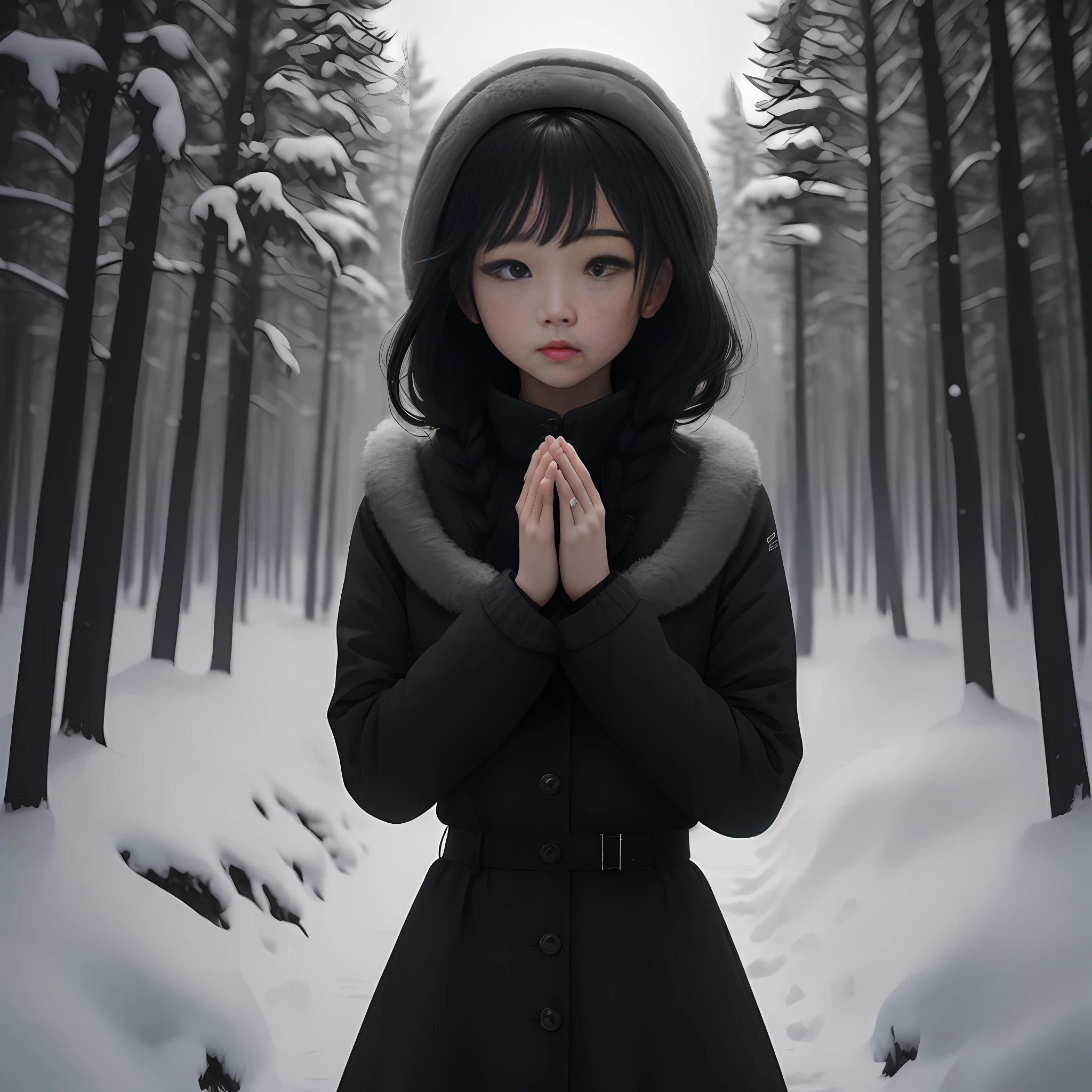 femele,winter day,The environment is dim,Side half,eye closeds,Put hands together andpray,solo person,Black color hair,Side Body,Side Body,Sideways, sideways, sideways, sideways