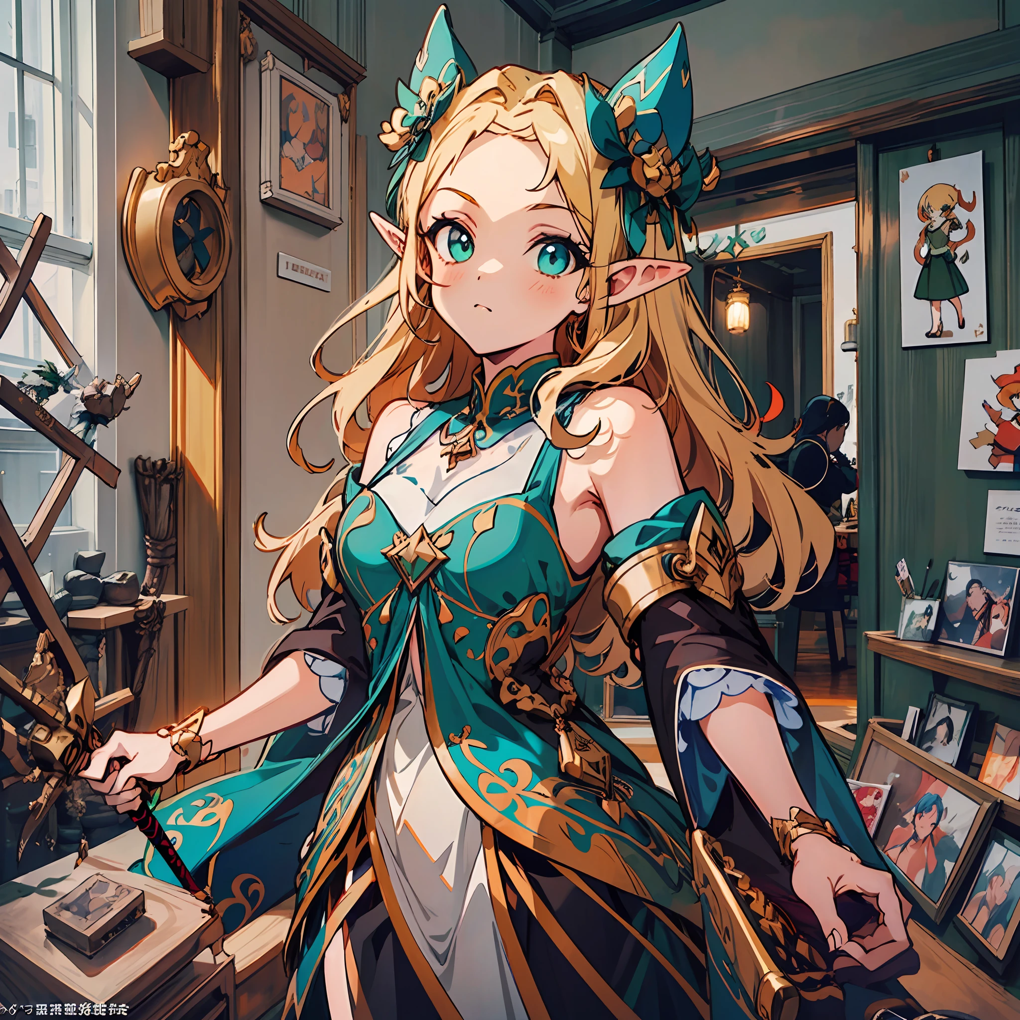 Elf girl in green dress,Hold a sword in hand,Elegant figure,The room was neat and bright,2.5DCGI anime artwork,The picture is delicate and detailed,The alchemist girl is majestic and dignified,Beautiful yet superb,The soul is deep and mysterious,Extremely detailed Artgerm style,Highly restored character details and animated scenes,It is a high-quality work of art that is pleasing to the eye。