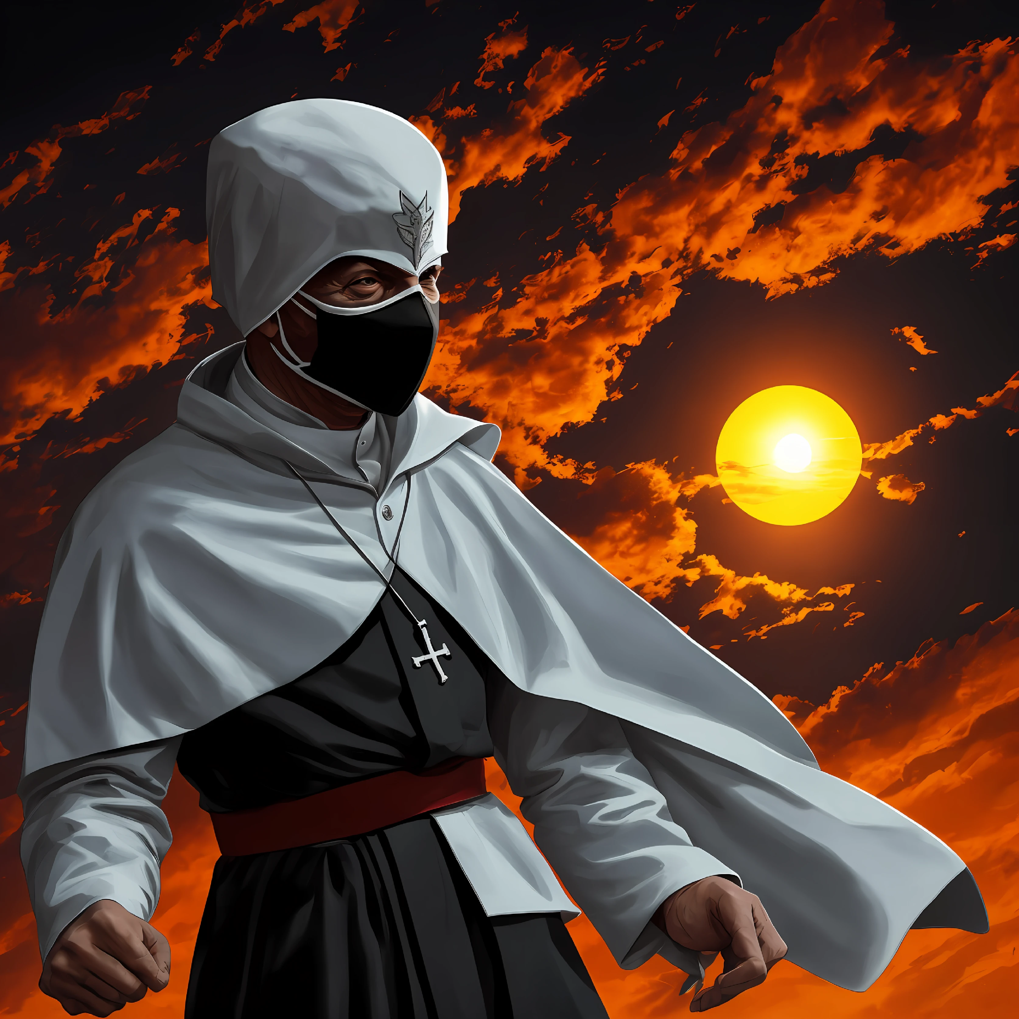 with black background,Cardinal Sect Leader,Ghostface mask,The sun sets behind you