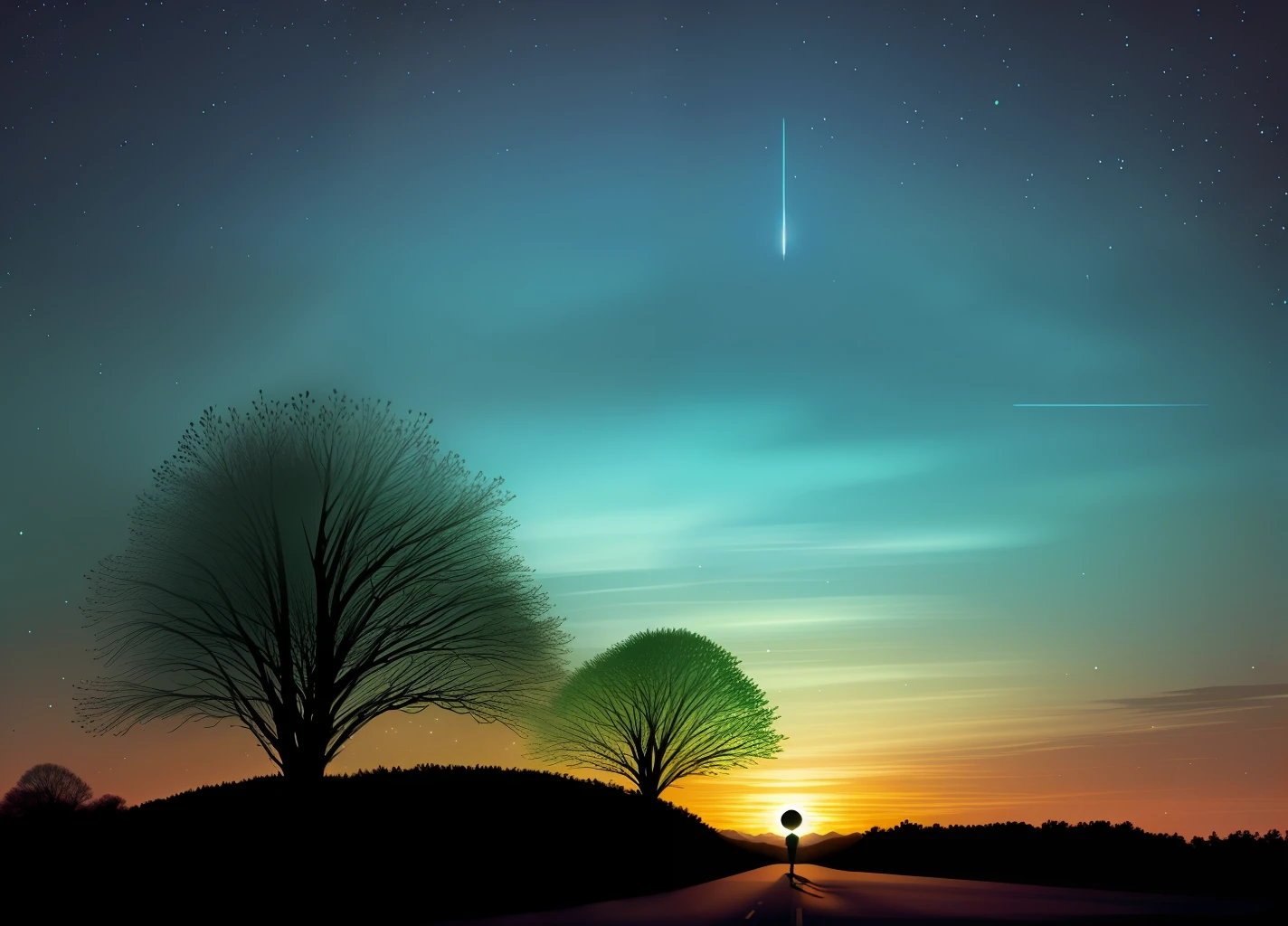 ln the forest，glowworm，glowing sky，spaceship，
