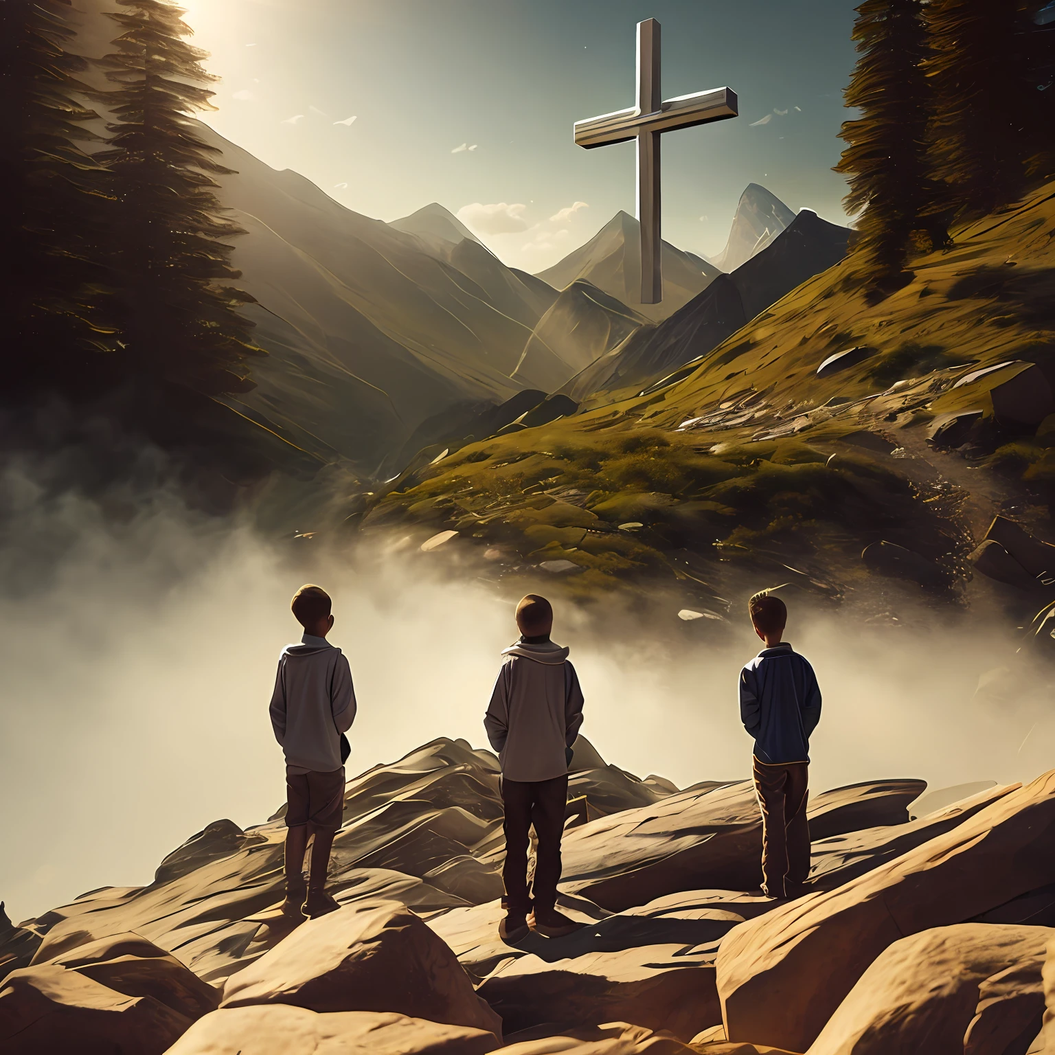 optic,crosses,Boys in white,Robust,look up to,full bodyesbian,中景 the scene is,wilderness,eventide,divino --auto