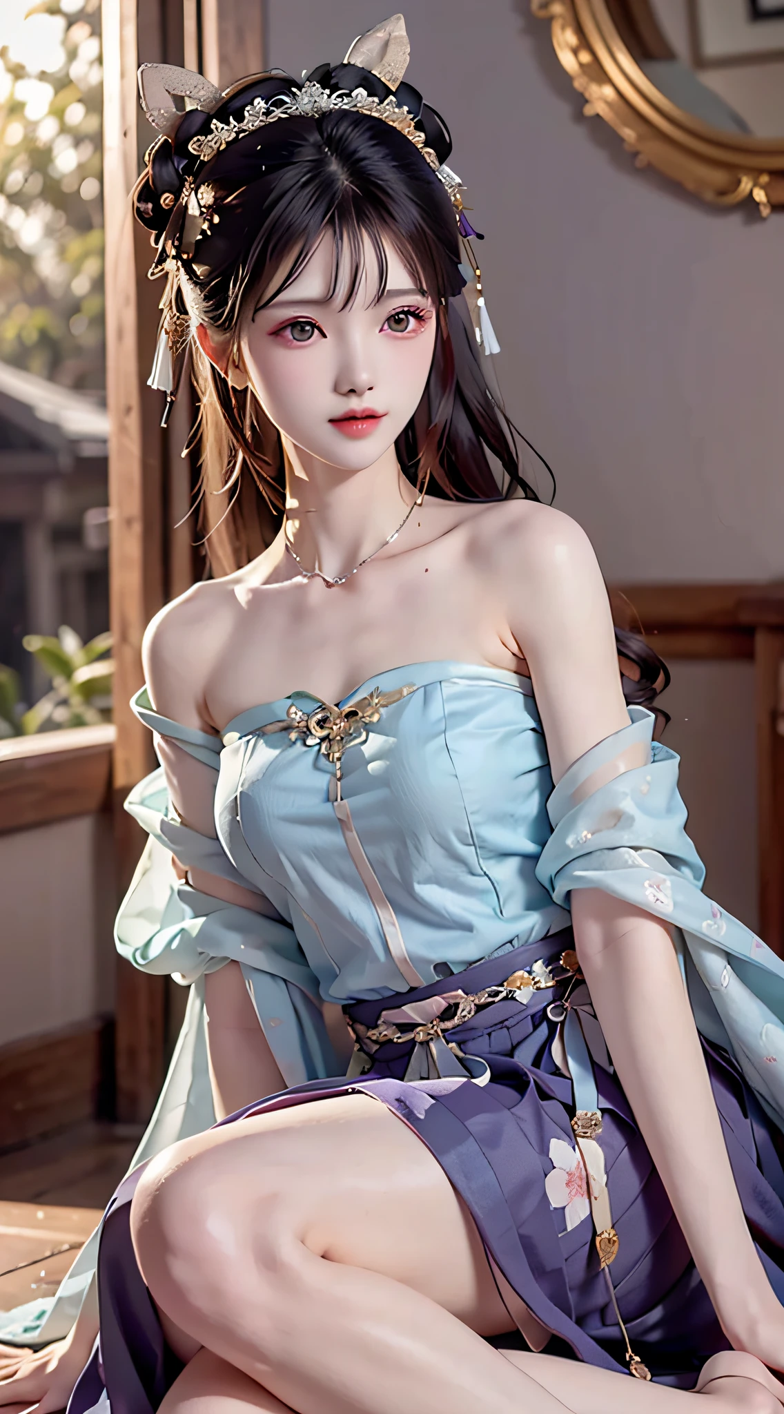 Bust photo, a beautiful woman, messy hair, girly, symmetrical bun, hair accessories, jewelry, delicate face, eye shadow, purple top, purple, purple, crop navel, purple long skirt, Dunhuang style, delicate embroidery, silver decoration, silver streamer, white streamer, light blue streamer, delicate skin, soft light effect, delicate and smooth hair, delicate details, eye highlights, fair skin, fine portrayal, extreme details, cinematic quality, thin, slender, broken, hair details, thin bangs, shawl hair, right body, shadow, air bangs, 8K, super detailed, fine fabric texture, soft, smooth, smooth texture, Dunhuang style, delicate pattern, correct hand painting, anatomy correct, accurate, night, dark night, lighting, Tyndall effect, ray tracing, HUD, outdoor, outdoor, desert physically based rendering, beautiful studio soft light, CG, wallpaper, very detailed, ( ore details: 1.3), 1girl, perfect face, perfect eyes, young, long eyelashes, pursed lips, (long hair: 1.3), pursed lips, (full body: 1.5), long hair, big eyes, lying down, tilted head, hair accessories, casual posture, smile, ((Hanfu, Ming style): 1.5), sitting posture, flower field, cherry blossoms,