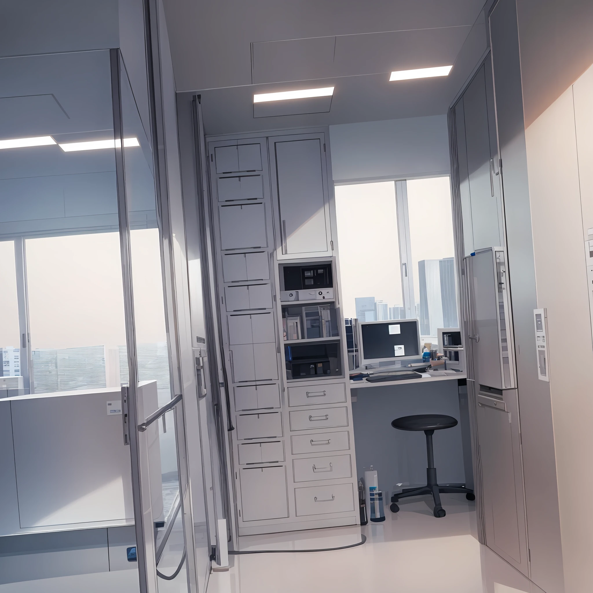 The view is directly opposite the white laboratory ceiling