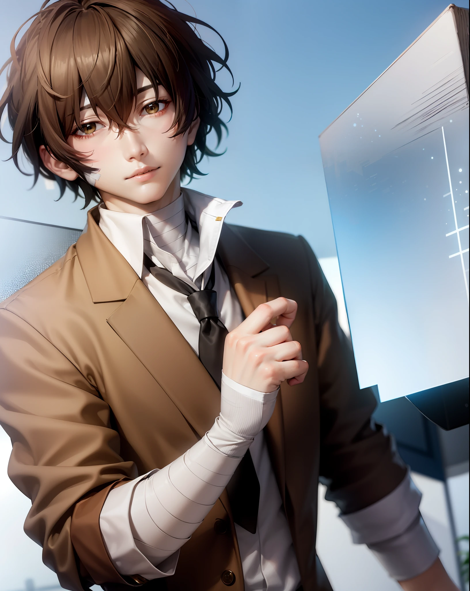 (masterpiece, best quality:1.2), upper body, solo, male focus, 1boy, dazai osamu, expressionless, brown jacket, bandages