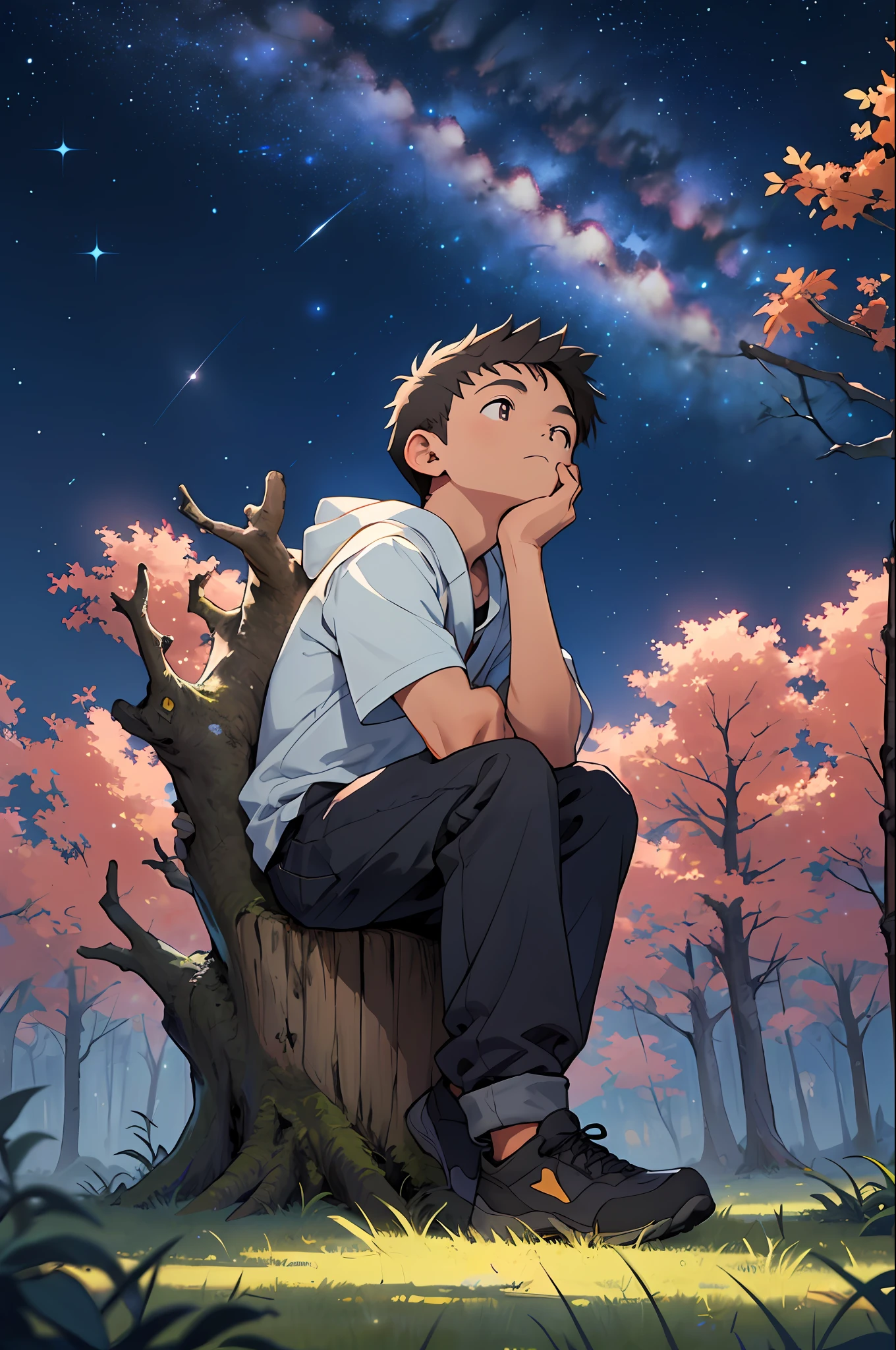 Draw a sitting on a tree stump with his hands propped up and looking up at the stars,The viewing angle is from the bottom up,The sky is full of stars