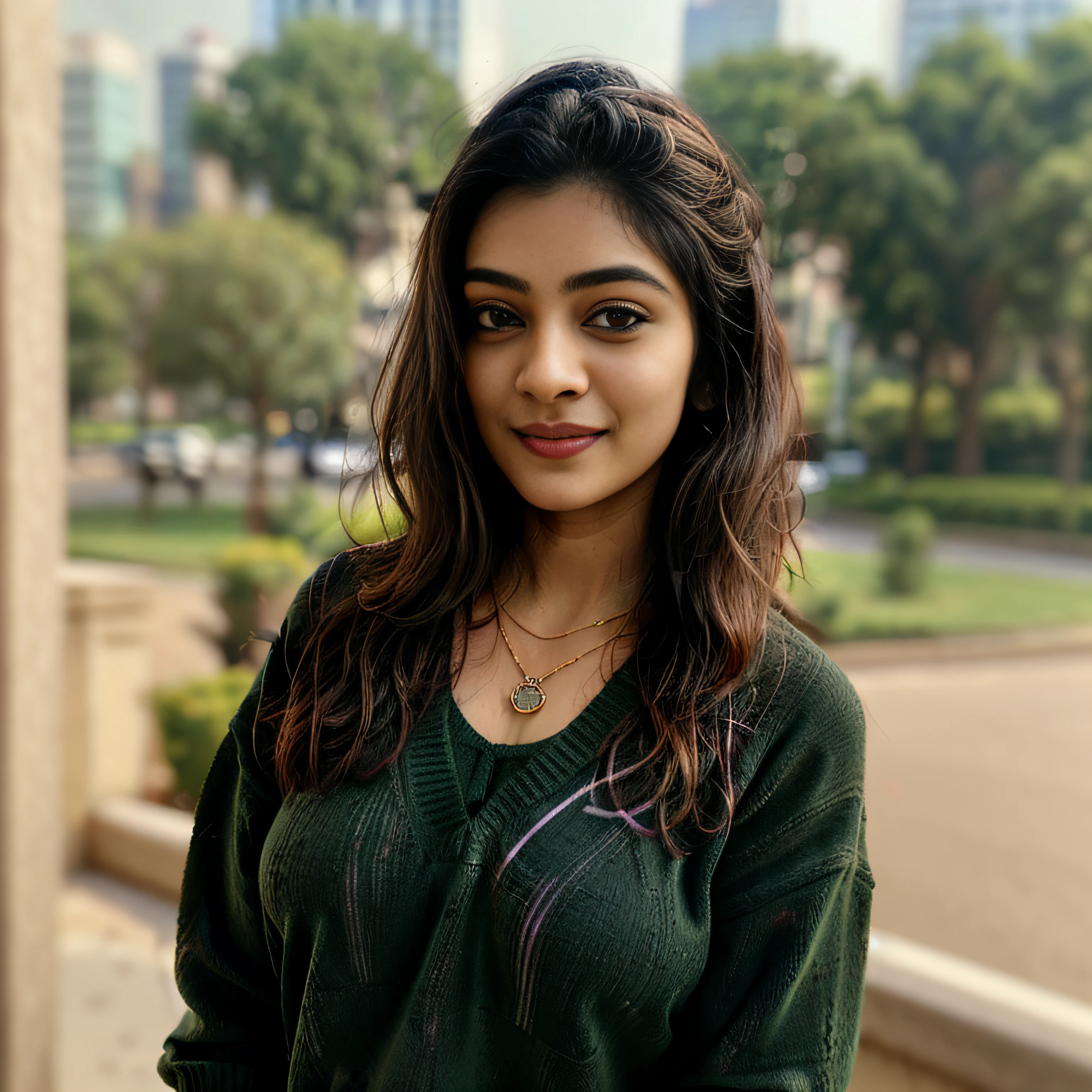 (Best quality, 8k, 32k, Masterpiece, UHD:1.2), Photo of the beautiful Indian girl, black hair, big boobs, upper body,(oversized_green sweater,:1.1) necklace, city background(0.1), looking at around, smile, hold on the smartphone