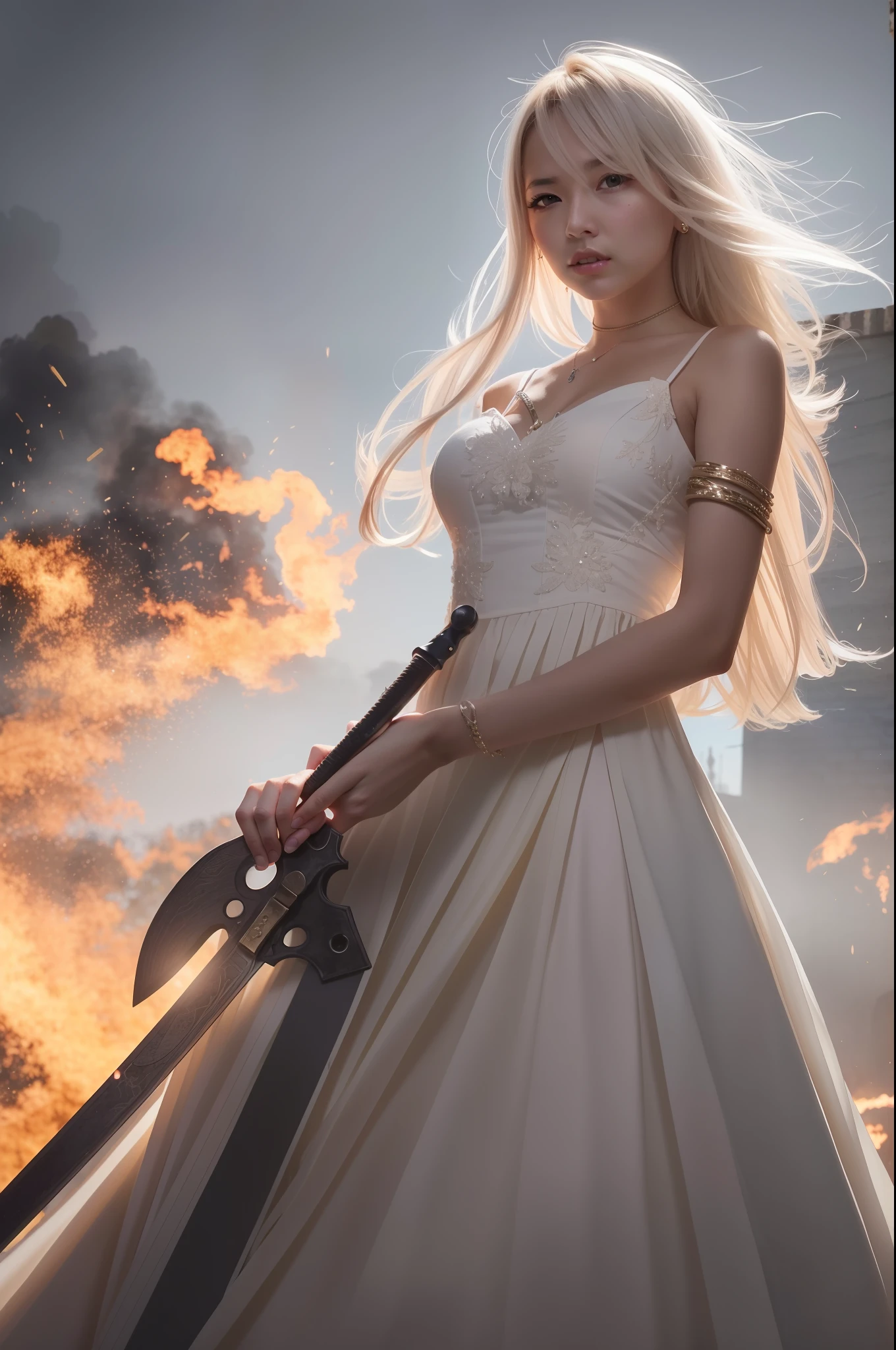 There was fire all around,A woman in a long white dress,She has long white hair,A long sword in one hand,One hand protects the injured shoulder,Attack the enemies around you,The white clothes and the sword body were stained with blood。Staring angrily at the enemy beside him