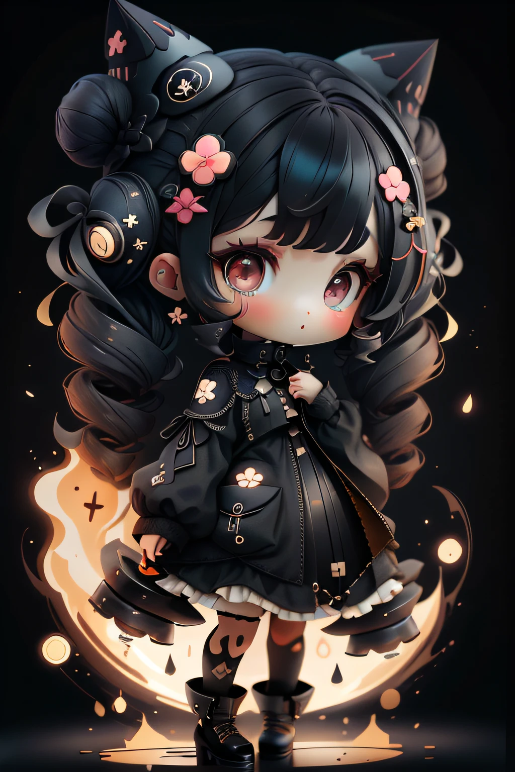 plastican00d, 1girl, chibi, black, twin drills, black, Magnificent,looking at viewer, paneled background