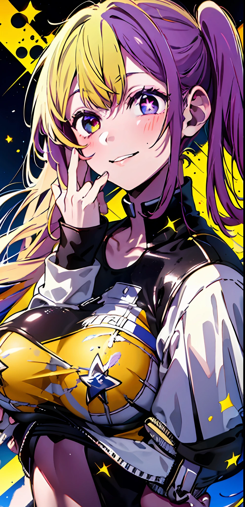 Original Character ， 1girl， （mad smile：1.2） ， Purple hair big breasts ， By bangs ， Mad eyes ， Place your hands on your face ， Yellow blood splattered on the face， Yellow and black color scheme， with her mouth open， （largeeyes：1.2）， glowing light eyes， Left star-shaped eye， Star-shaped eyes， Purple eye，side pony tail