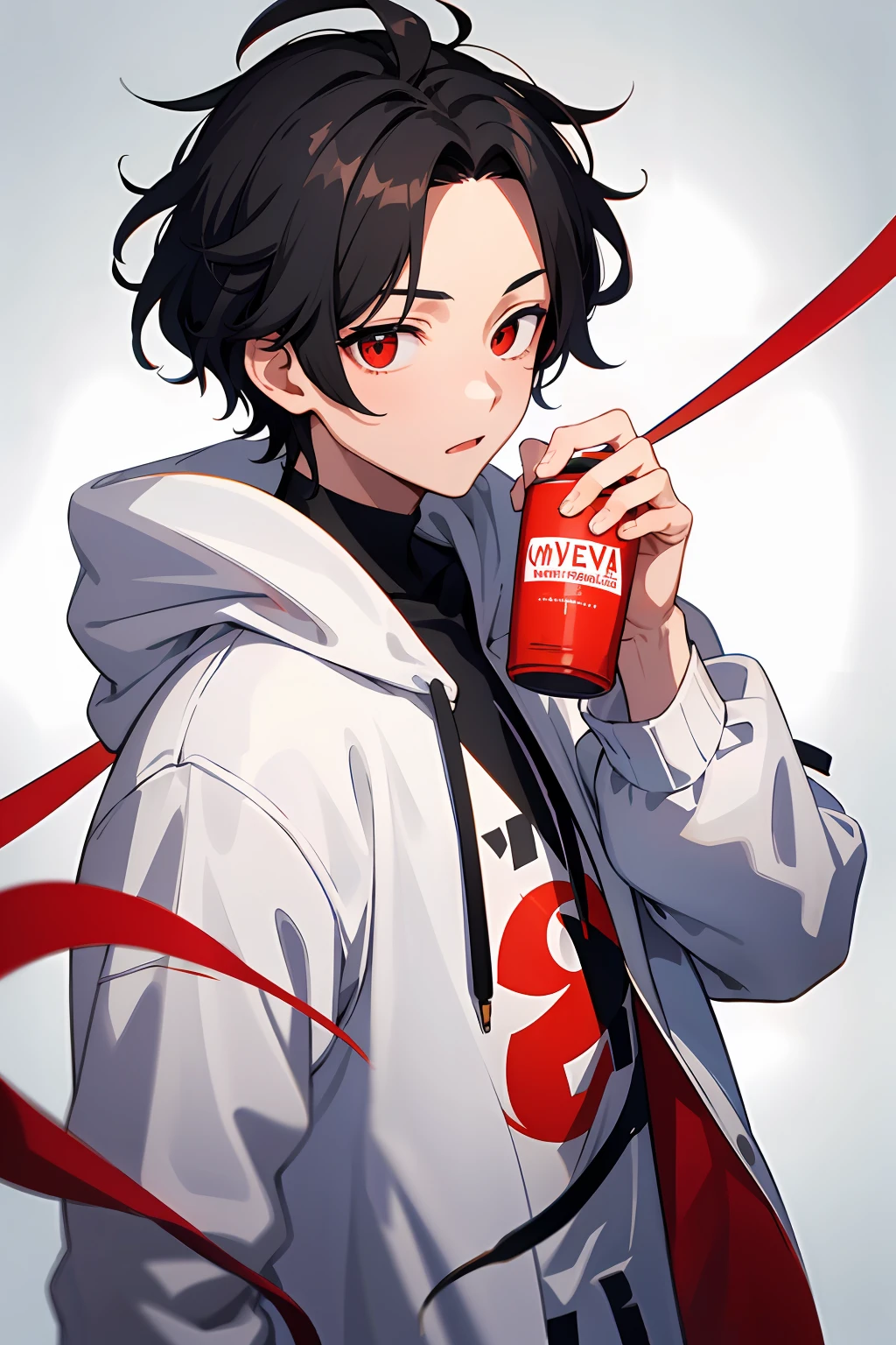 A dark-haired boy holding a Coke in his hand wears blue,