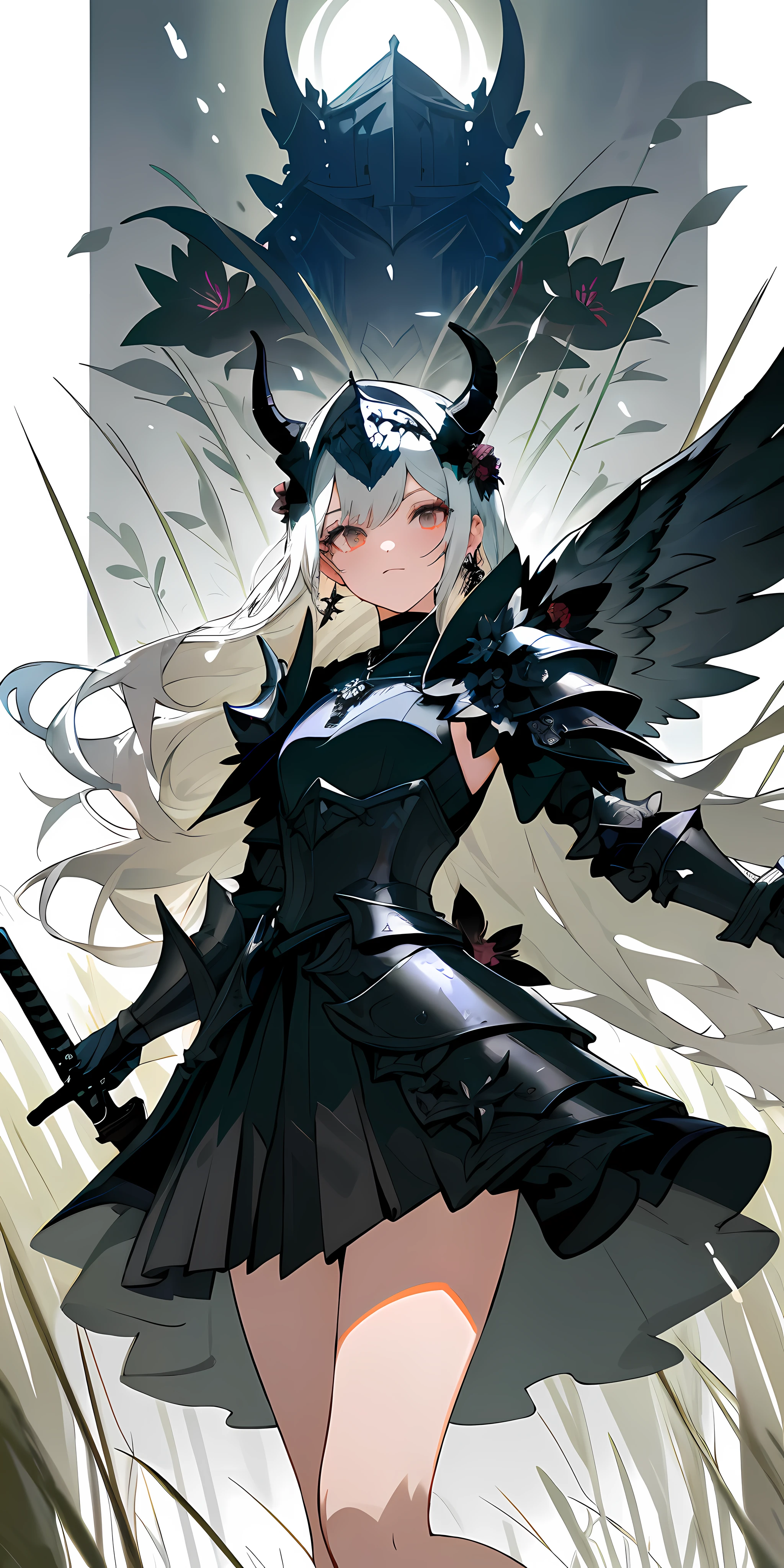 Anime characters with black wings and a black dress with a sword, angel knight girl, From the night of the ark, pale black armor, Guweiz in Pixiv ArtStation, trending on artstation pixiv, angel knight gothic girl, Guweiz on ArtStation Pixiv, as a mystical valkyrie, Armor Girl, armor angle with wing, arknight, zerochan art