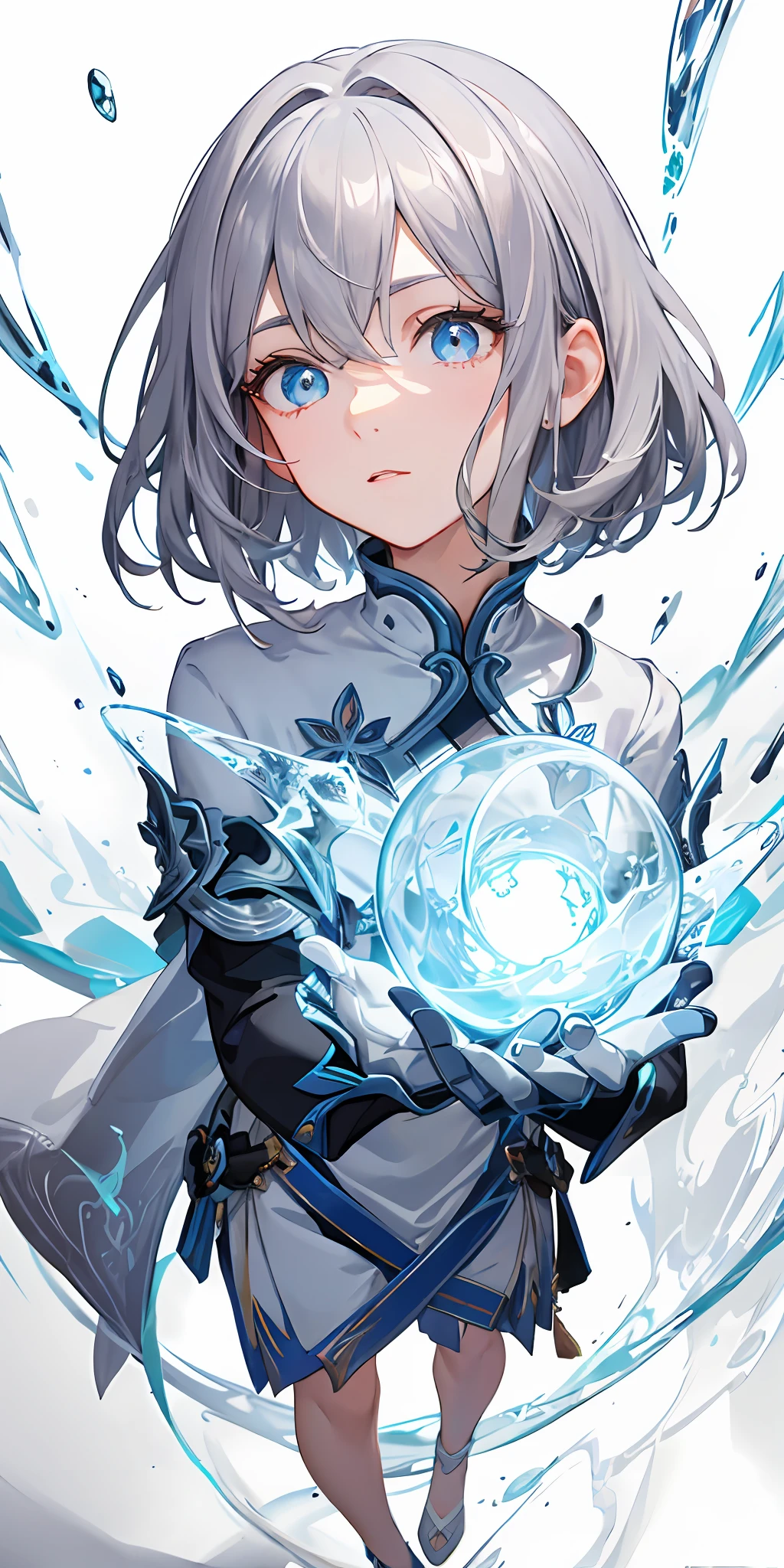 (Overhead view),dynamic angle,ultra-detailed, illustration, close-up, standing, ultra-detailed, illustration, straight on, 1boy, no nose, no eyelashes, handsome boy, floating hair, silver gray hair, short hair, blue eye, his eyes shone like dreamy stars,(glowing eyes:1.233),(beautiful and detailed eyes:1.1),(expressionless,closed mouth),(standing), simple background, [[delicate fingers and hands:0.55]::0.85],(detail fingers)