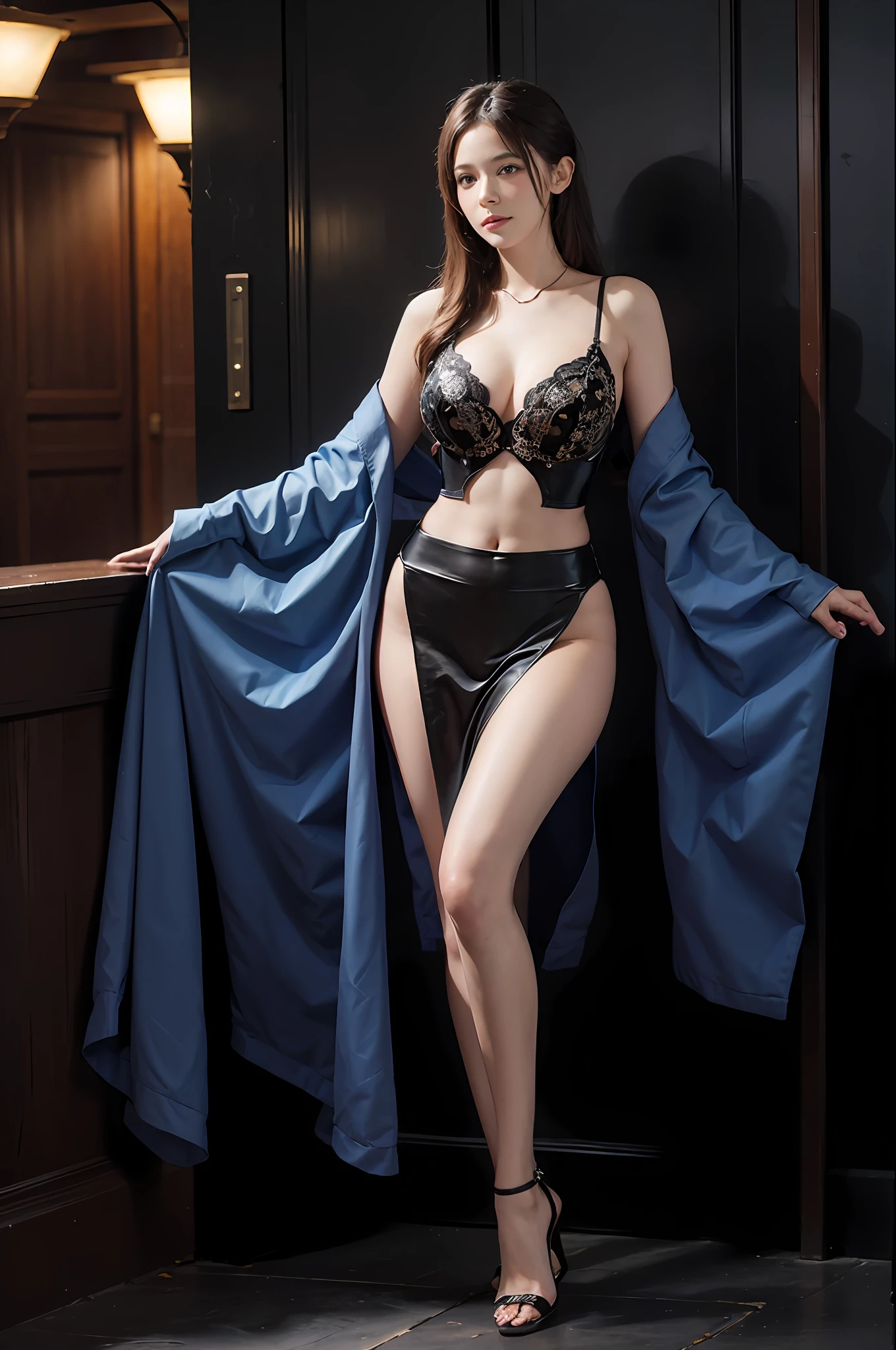 (Front focus),(in the darkness nigth:1.6),Surrealist portraits of women by David Hockney and Alphonse Mucha,Fantasyart,photographrealistic,动态照明,art stations,poster for,Volumetriclighting,Very detailed faces,4 k'',Award-Awarded, 1girll, In the dark, deepshadow, low tune, Cowboy shot, (official clothes:1.4), long whitr hair, whaite hair,比基尼,big breasts exposed cleavage,stocklings,Stiletto heels,sandals,Pronounced abs,Slim figure