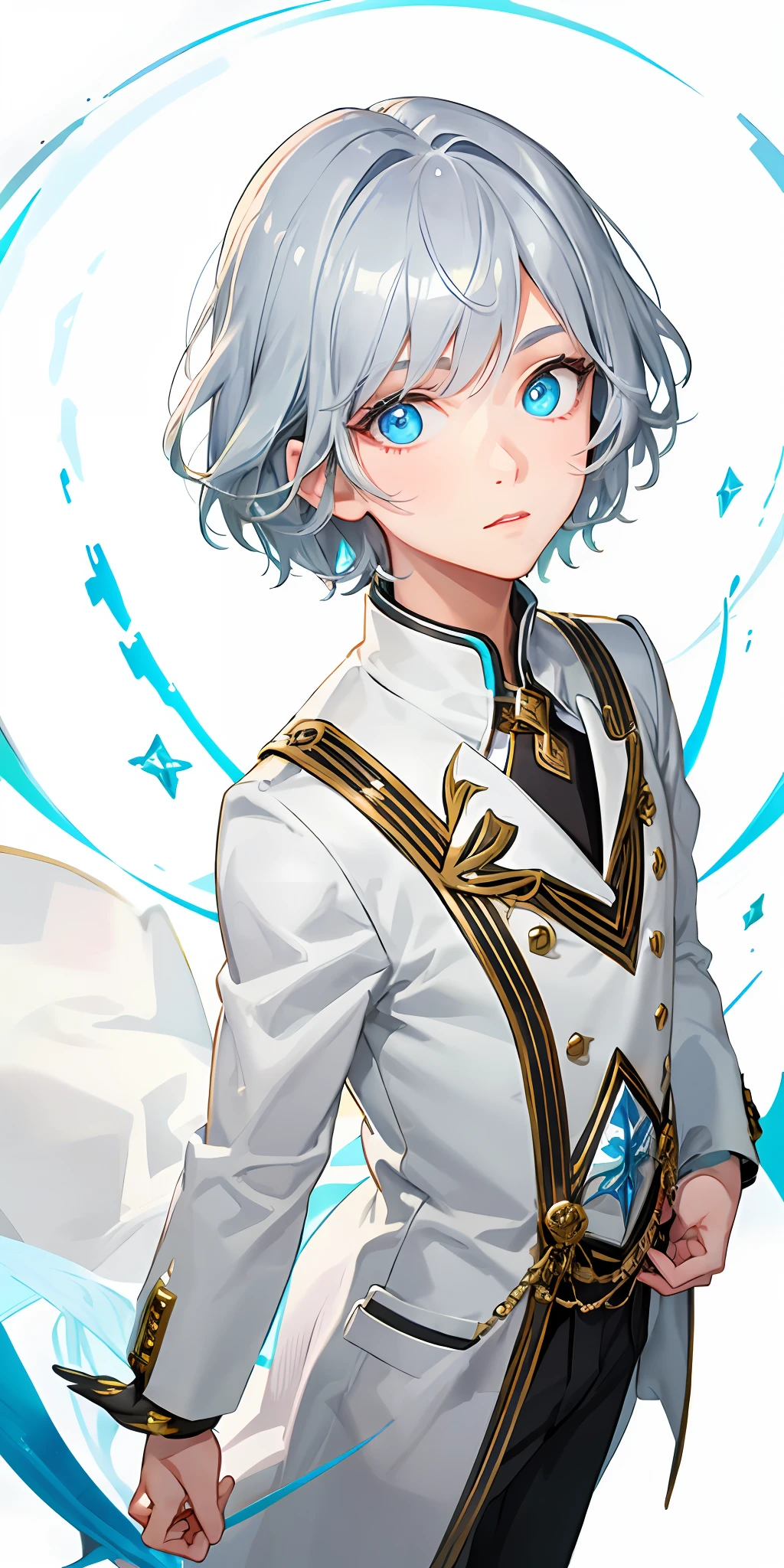 (Overhead view),dynamic angle,ultra-detailed, illustration, close-up, standing, ultra-detailed, illustration, straight on, 1boy, no nose, no eyelashes, handsome boy, floating hair, silver gray hair, short hair, blue eye, his eyes shone like dreamy stars,(glowing eyes:1.233),(beautiful and detailed eyes:1.1),(expressionless,closed mouth),(standing), simple background, [[delicate fingers and hands:0.55]::0.85],(detail fingers)