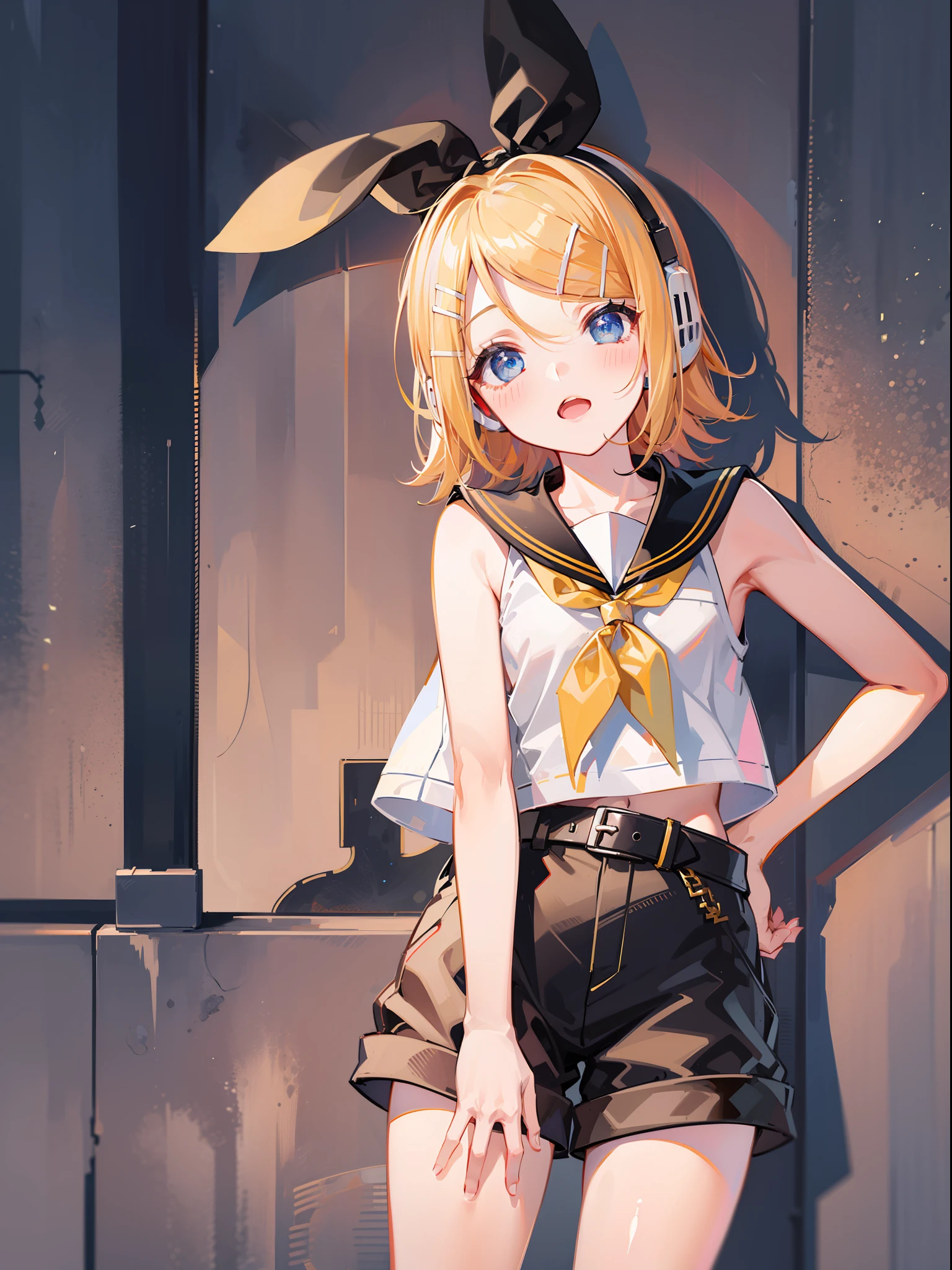 best quality, ultra precision, one girl, (Kagamine_Rin), blue eyes, sailor collar, black short pants, sleeveless, headphone, belt, white shirt, young, child, cool, boyish, yellow neckerchief,