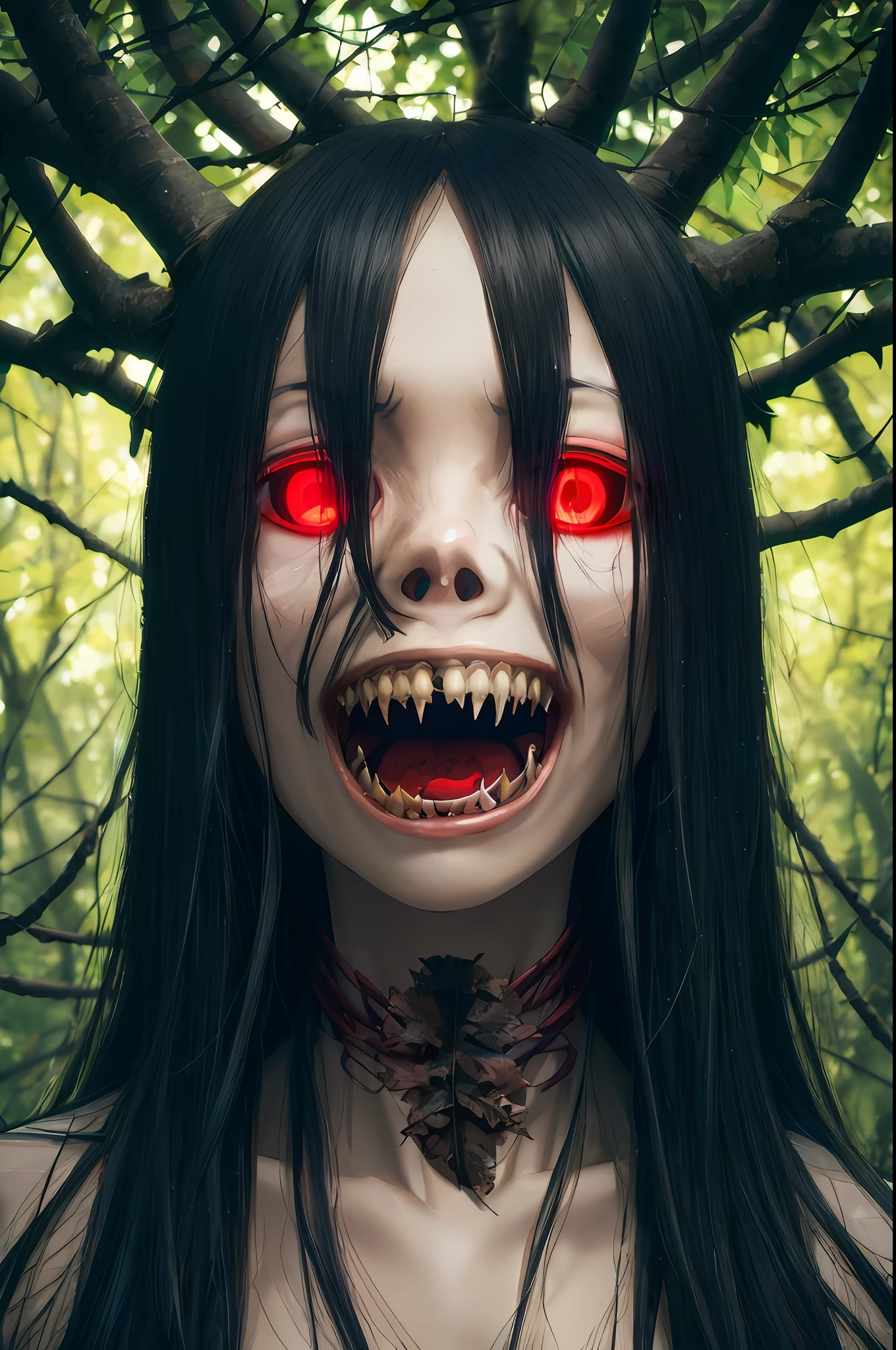 arafed woman with red eyes and fangs in a forest, with red glowing eyes, evil smile and glowing eyes, junji ito 4 k, with glowing red eyes, horrifying grin. horror, creepy evil smile, portrait of demon girl, demon girl, anime monster girl, red glowing eyes, demon anime girl, scary smile, scary creature, evil grin