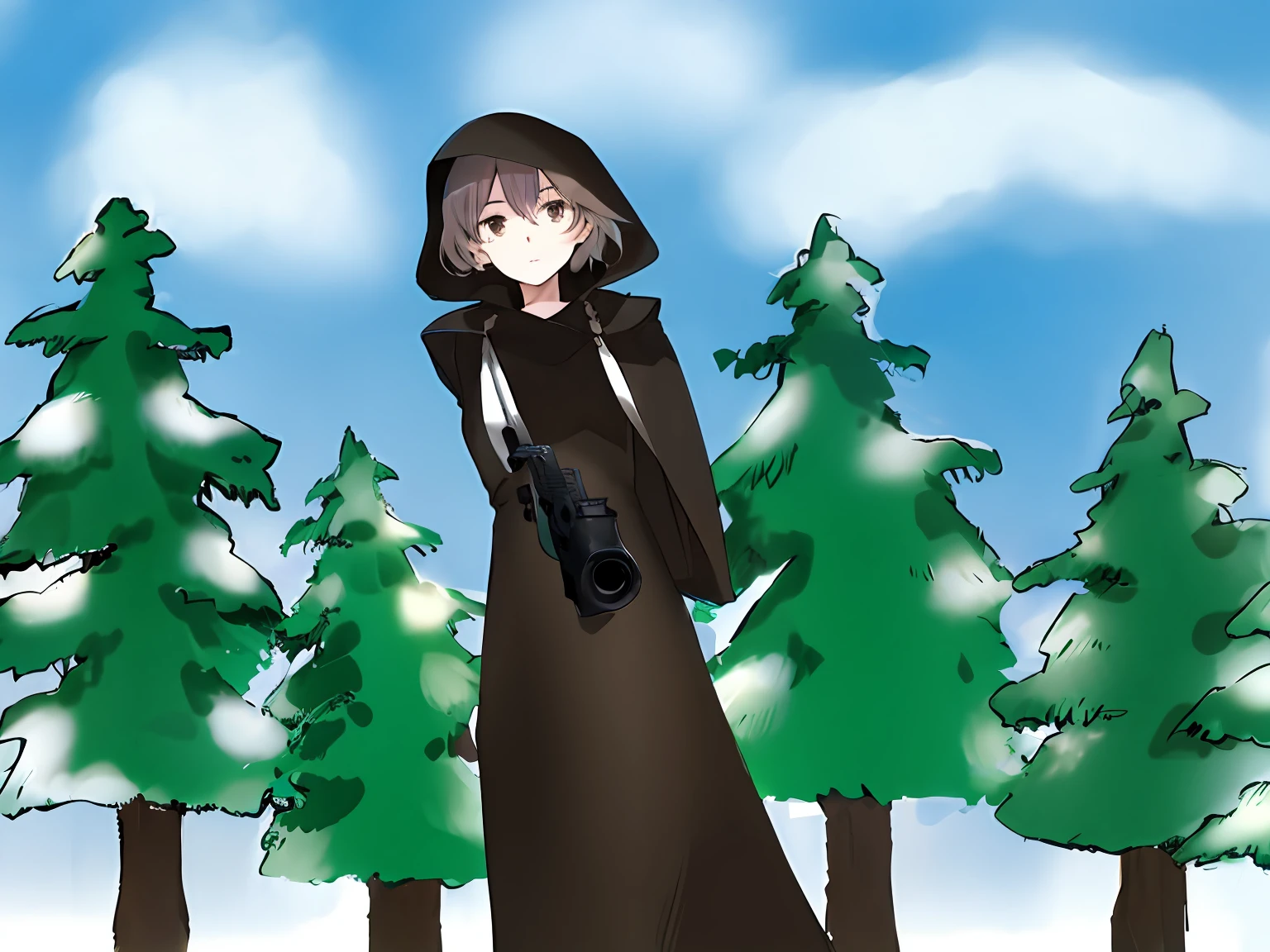 A girl in a black dress stands in front of the forest with a pistol raised, Forest in the background, in front of a forest background, Standing in the forest, witch in the woods, Trees in the background, standing in forest, Cloaked, in an anime style,  standing in forest, inspired by Ike no Taiga，facing to audience，Extremely quality，CG illustration
