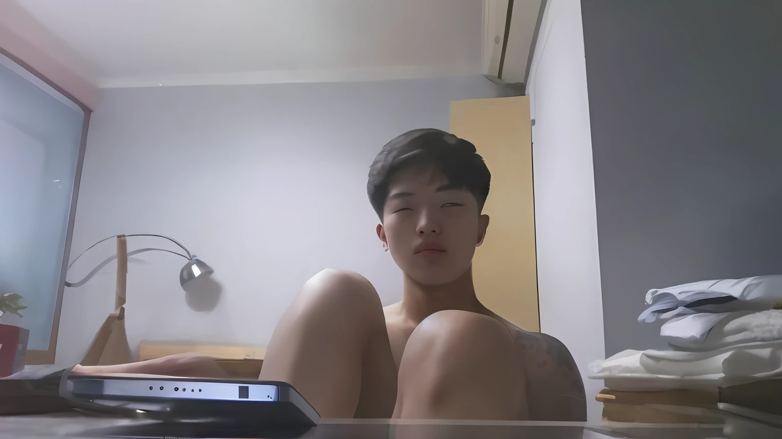 There was a man sitting in front of his laptop, 18 years old, Sitting on the bed, 1 s old, sit on a bed, on my bed, pinging, By :5 sexy, Inspired by Gao Xiang, middle body shot, korean muscle boy 2 1 years ontong chen, inspired by Ding Yunpeng