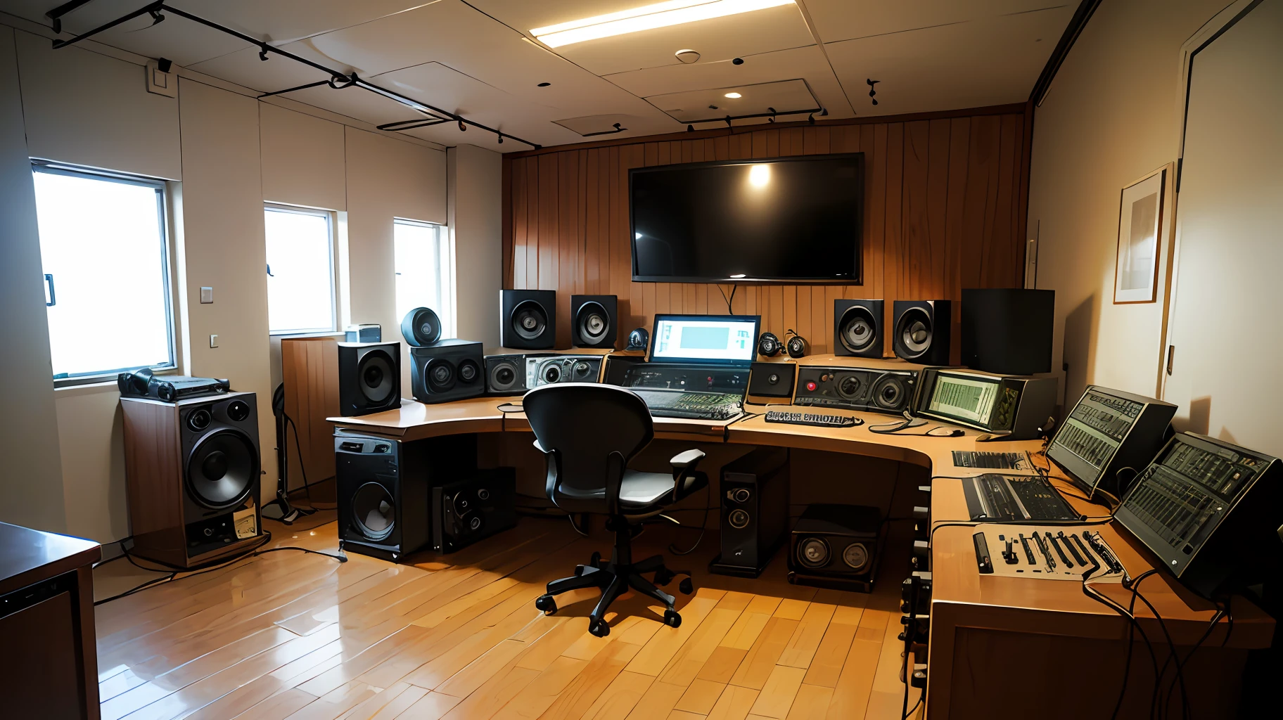 (Empty, quiet red bright recording studio with a minimalist design, vintage equipment, including a microphone and turntables, with old-school charm. Isolated space.) --auto