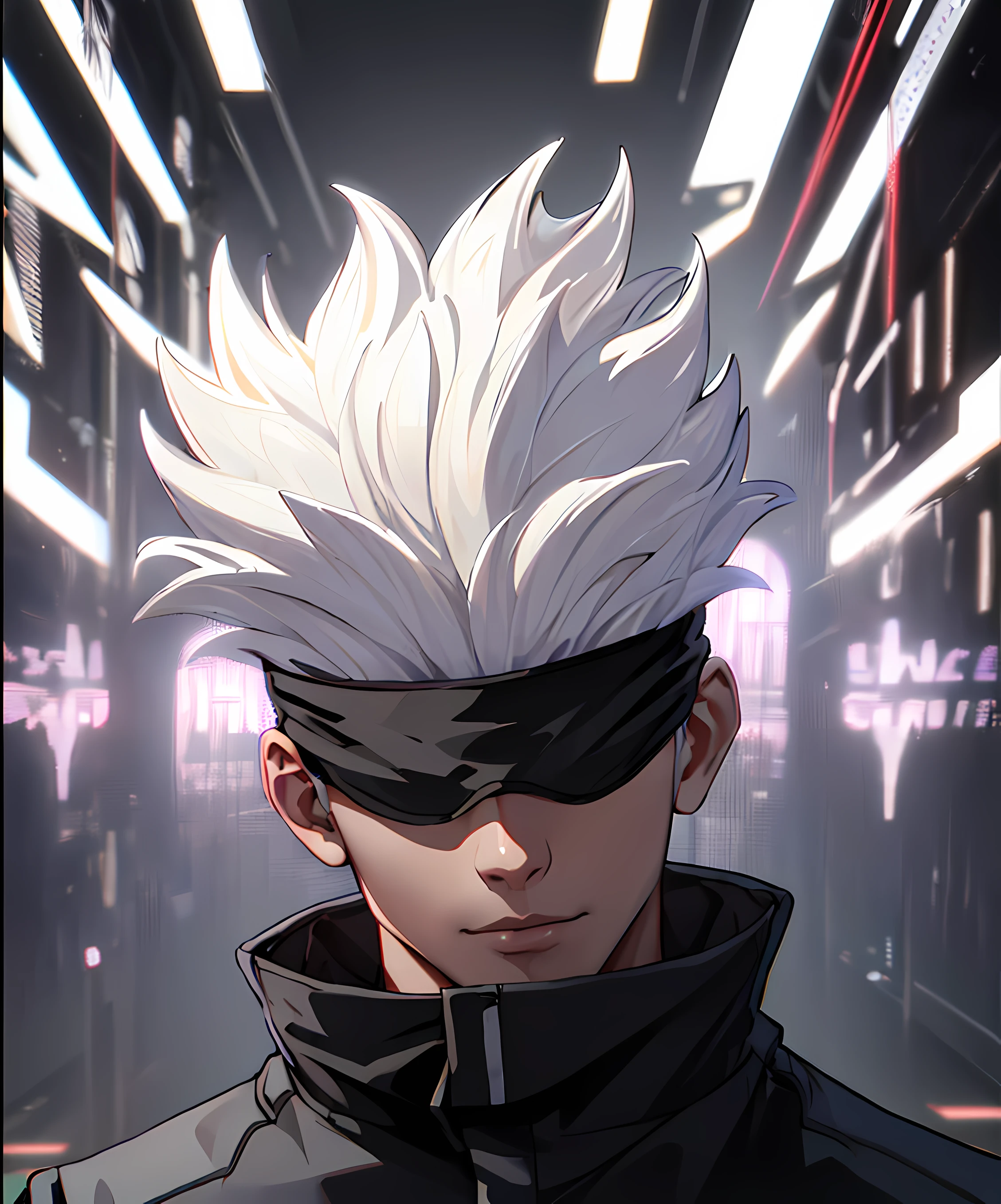 (absurdress, hight resolution, Ultra Detailed, HDR), Masterpiece, Best Quality, 1male, 独奏, a handsome, Short hair, white colored hair, black blindfold, black jacket, Gojo, Background for eSports,