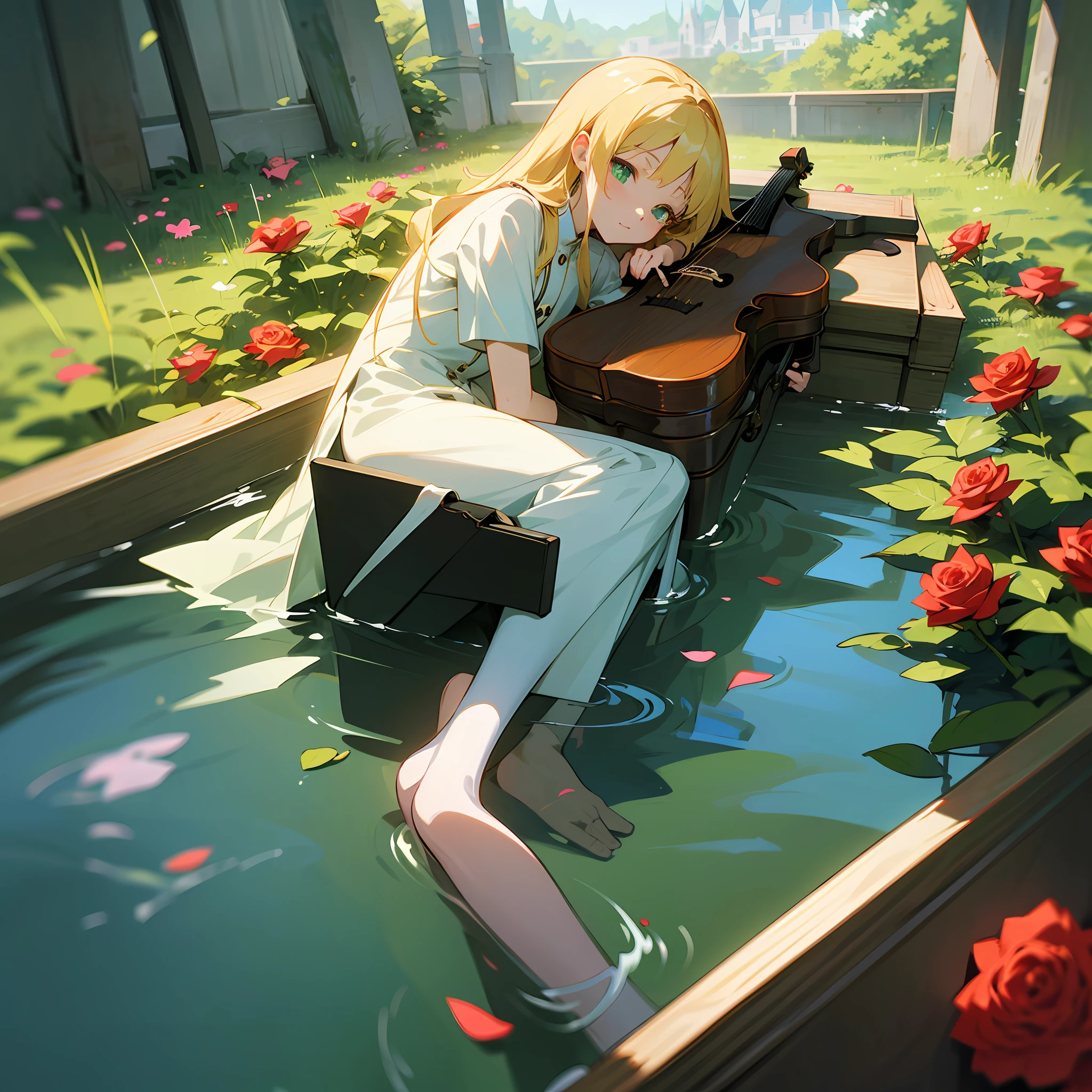 Ultra-high-definition anime-style graphics, The blonde figure wears a white uniform, Holding a violin, Placed in a coffin, It is surrounded by a stream surrounded by blooming roses and entwined green vines。The sun shines on the picture, It creates a nice atmosphere of early morning。 --auto