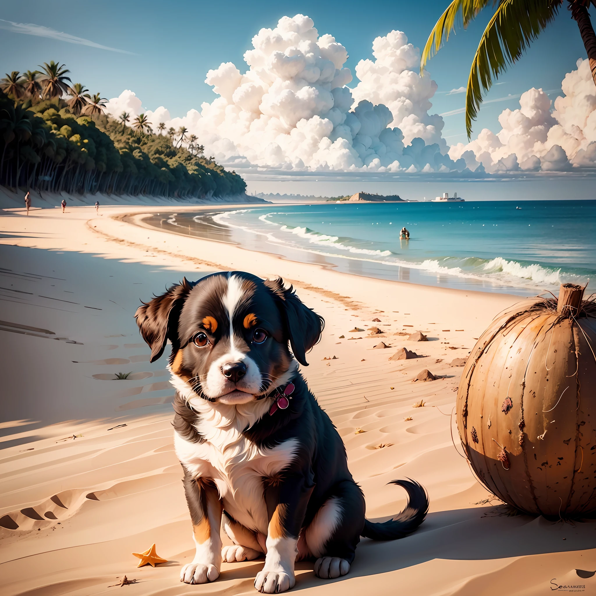 beachside,There was a puppy in the distance,sandbeach,coconut palms,Realistic style,The sky is blue,There is a big cloud in the sky,High quality,Excellent,4K,8K,perfect pubic,The proportions are correct,Fine details,Ultra HD, --auto