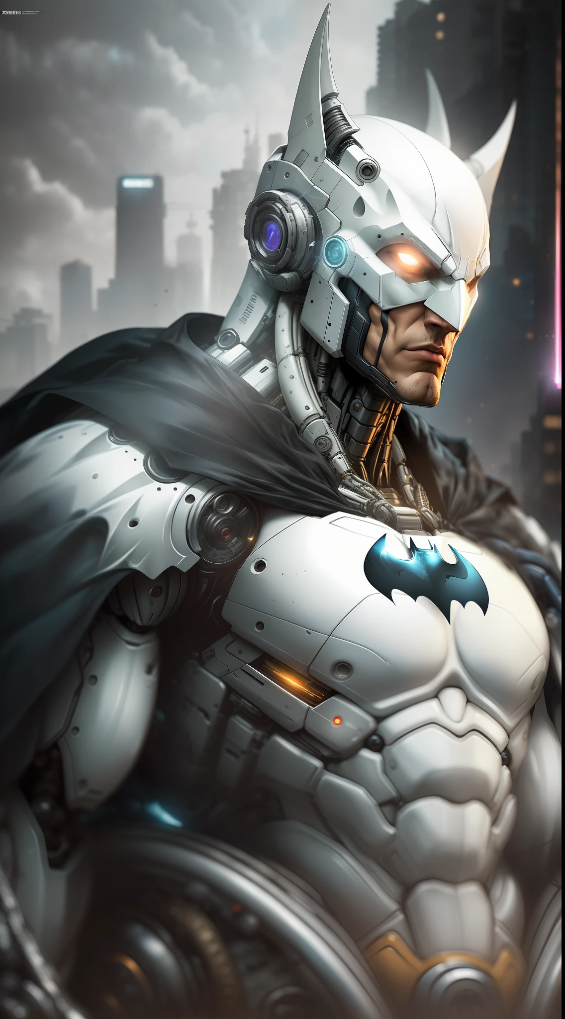 White Batman from DC photography, biomechanical, complex robot, full growth, hyper-realistic, insane small details, extremely clean lines, cyberpunk aesthetic, a masterpiece featured on Zbrush Central