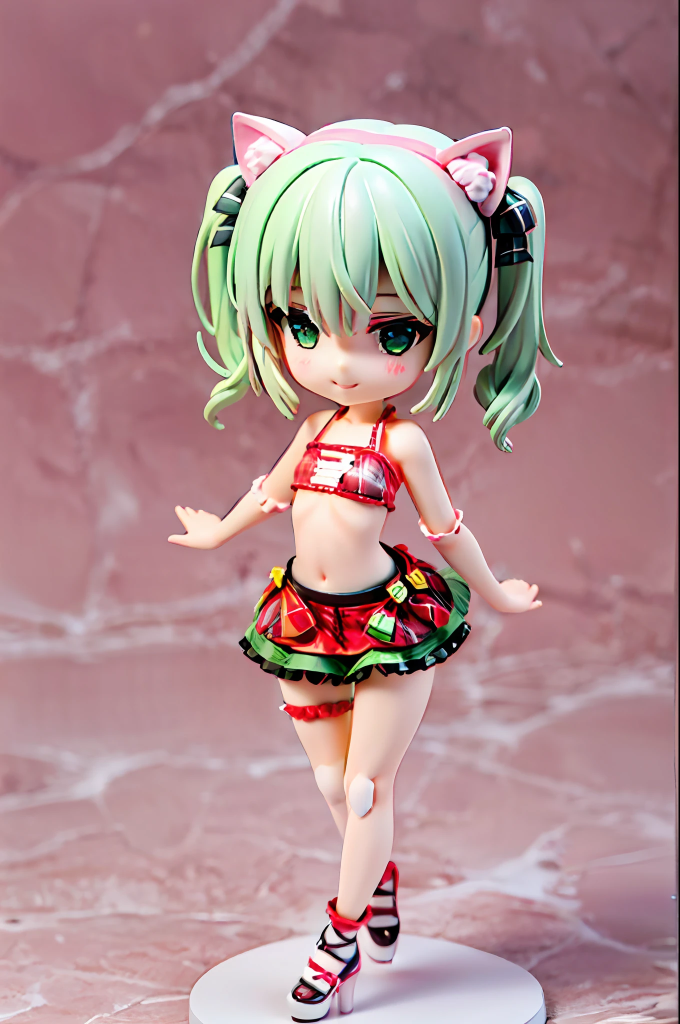 (1/6 scale pvc figure:1.4), blind box figurine, (Masterpiece), A girl, smiles, not large tasty, Small breasts, collarbone, 
Fashionable Rush Guard, separate swimsuit(tops red Tartan Plaid with Multi strapped ruffles, bottoms green tartan plaid high-waisted skirt:1.4), loli, cat ear, Pale green hair, Short hair that sticks out the forehead, Hairstyle that reveals the forehead, closeup forehead, Small pigtails, circle-glasses, full body, chibi,