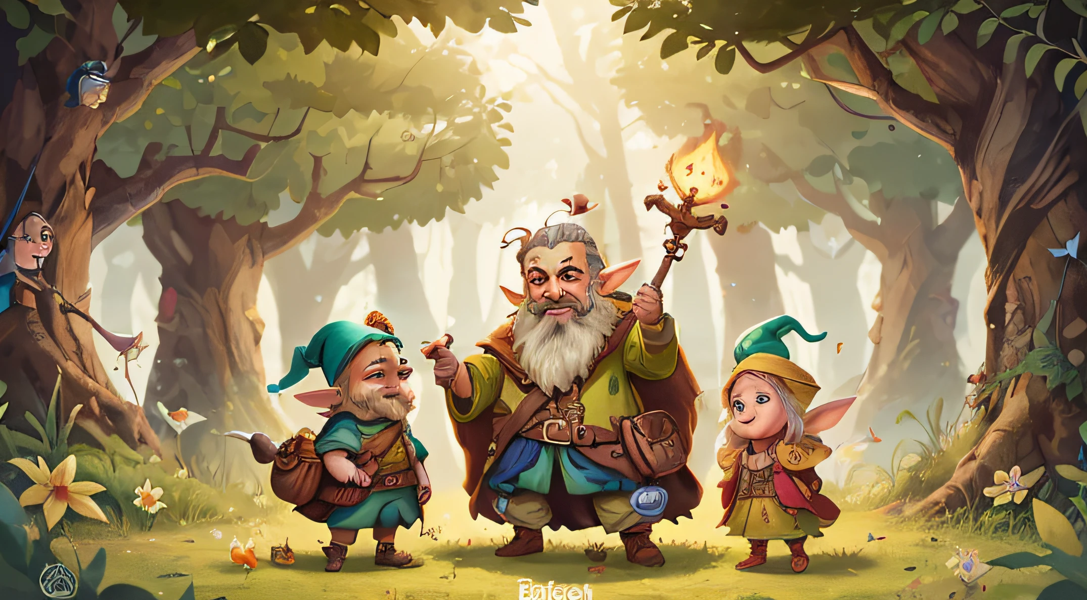 Cartoon illustration of three gnomes in a forest with a bird and fairies smiling, estilo de arte de jogo de fantasia, mobile game art, arte fantasia behance, , Arte infantil em Artstation, Gnome Druida, fantasy RPG book illustration, arte estilizada do jogo, Game Illustration, festa de aventura, small villagers, arte do jogo de fantasia, arte conceitual dos desenhos animados, inspirado em Johannes Helgeson