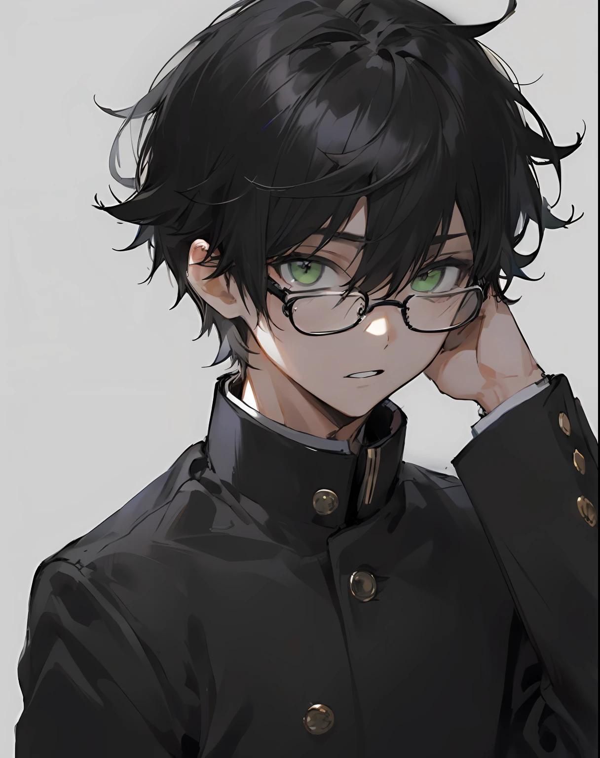 1boy, male focus, solo, green eyes, gakuran, black hair, glasses, school uniform, upper body, simple background, parted lips, hair between eyes, looking at viewer, short hair, long sleeves, black-framed eyewear, bangs, black jacket, jacket, grey background
