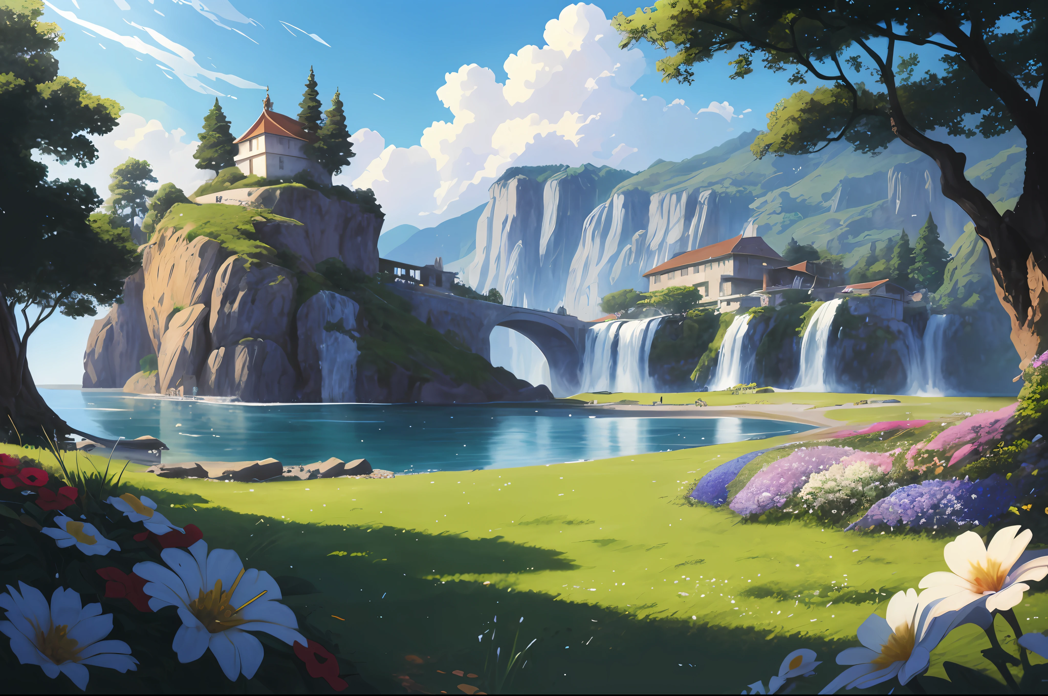 Paint a beautiful landscape with waterfall and a bridge, ross tran. scenery background, silvain sarrailh, anime countryside landscape, andreas rocha style, Detailed scenery —width 672, Anime landscape concept art, landscape artwork, beautiful anime scenery, Anime landscape, Anime landscapes, Anime background art, anime landscape wallpapers, Relaxing concept art, author：Franz Hergi