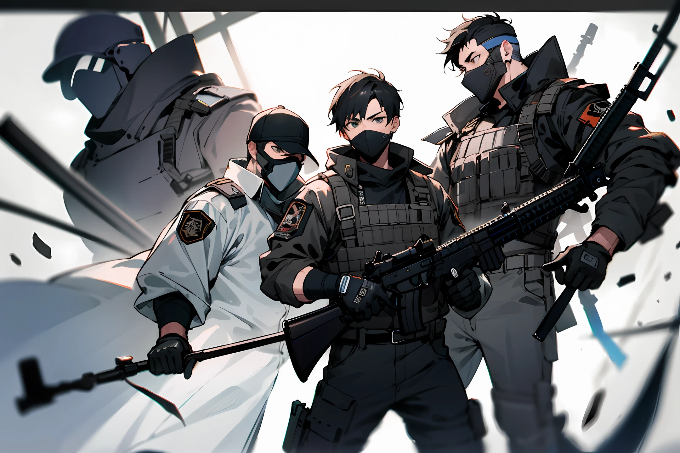 Male mercenaries wearing shirts and holding automatic rifles