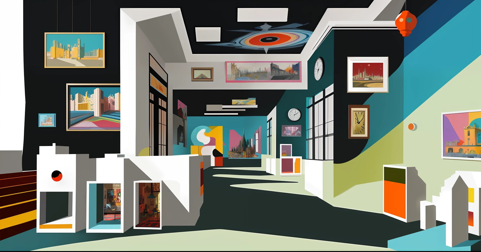 There was a colorful room,There was a lot of furniture and a clock inside, Inspired by Bruce McLean, artwork of a building, colorful architectural drawing, colorful flat surreal, psychedelic architecture, Inspired by R. b. Kitaj, videogame still, abstract environment, inspired by Vassily Maximov, inspired by Herbert Bayer, Inspired by Giorgio de Chirico, game screenshot
