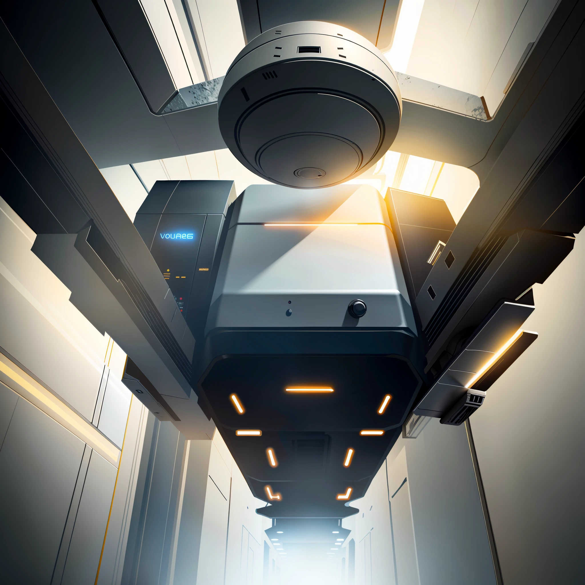 Volumetric light from above, animated movie still, rendered in keyshot, Spaceship corridor background, depicted as a 3 d render, glados, Dramatic lighting. concept-art, Volumetric light from below, detailed cinematic shot, daylight made in blender, rendered in unrealengine