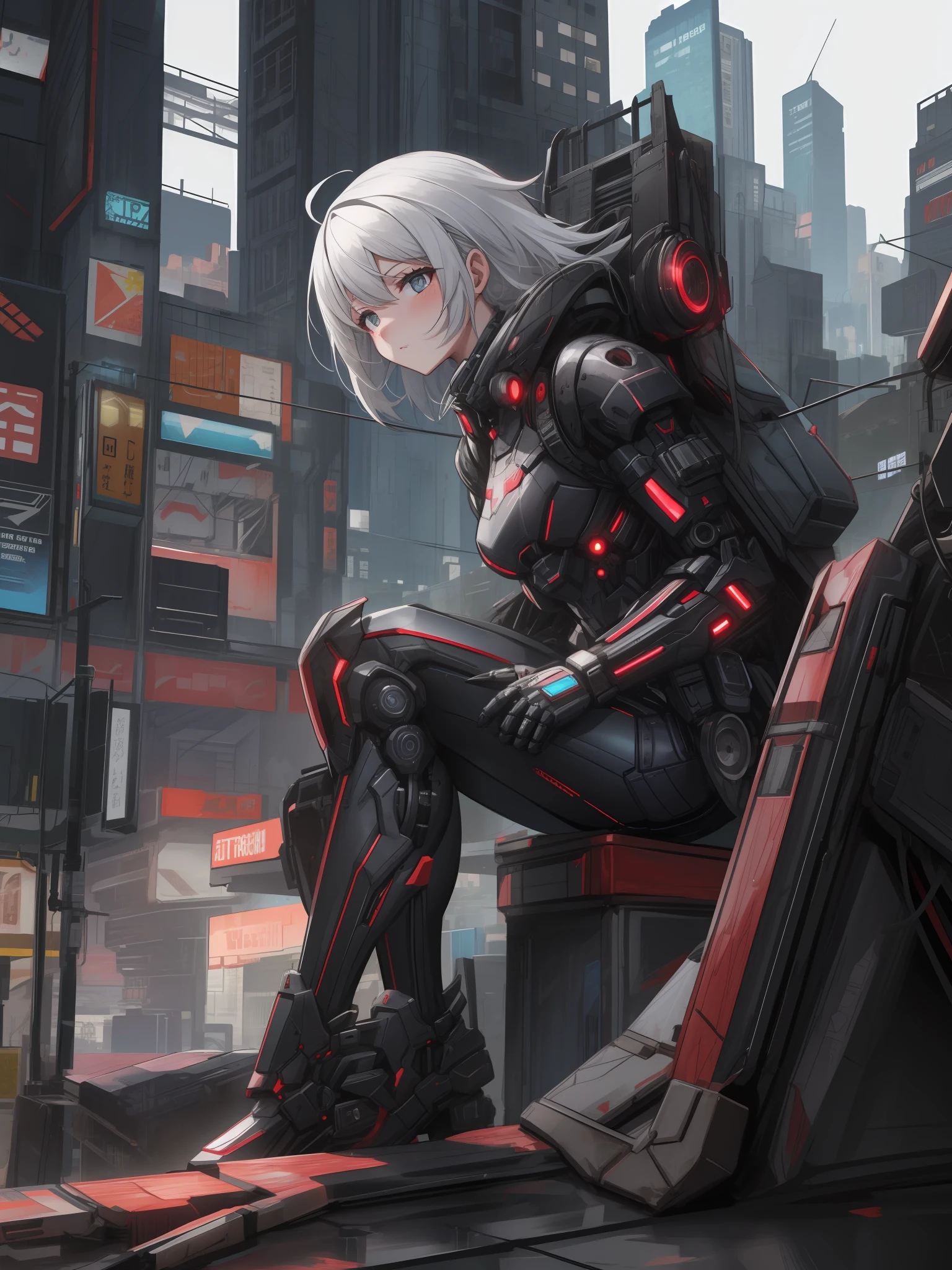Girly frontline style,high high quality,High Picture Quality,Very many details,Cyberpunk-city,Roof,White-haired girl wearing an exoskeleton dressed in black,The girl sat on the roof