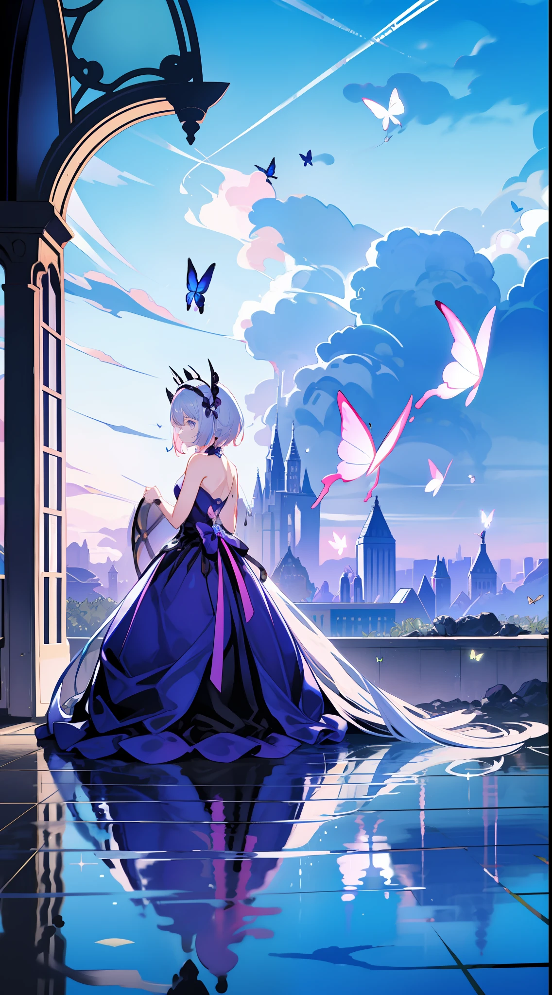 High-quality masterpieces:1.5), high detal, 复杂, Sharp focus, 8K, k hd, Full-HD, hyper HD, Hyper-Resolution, best illuminate, Relaxed, lumen reflection, screen space reflextions, Post-processing, postproduction, TXAA, Denoising, Shaders,Pink-purple gradient hair,Light,Gorgeous dress,Skysky,abandoned ruins,drippy,Play the piano on the water,low head,There are gorgeous headdresses,There are butterflies,in wonderland