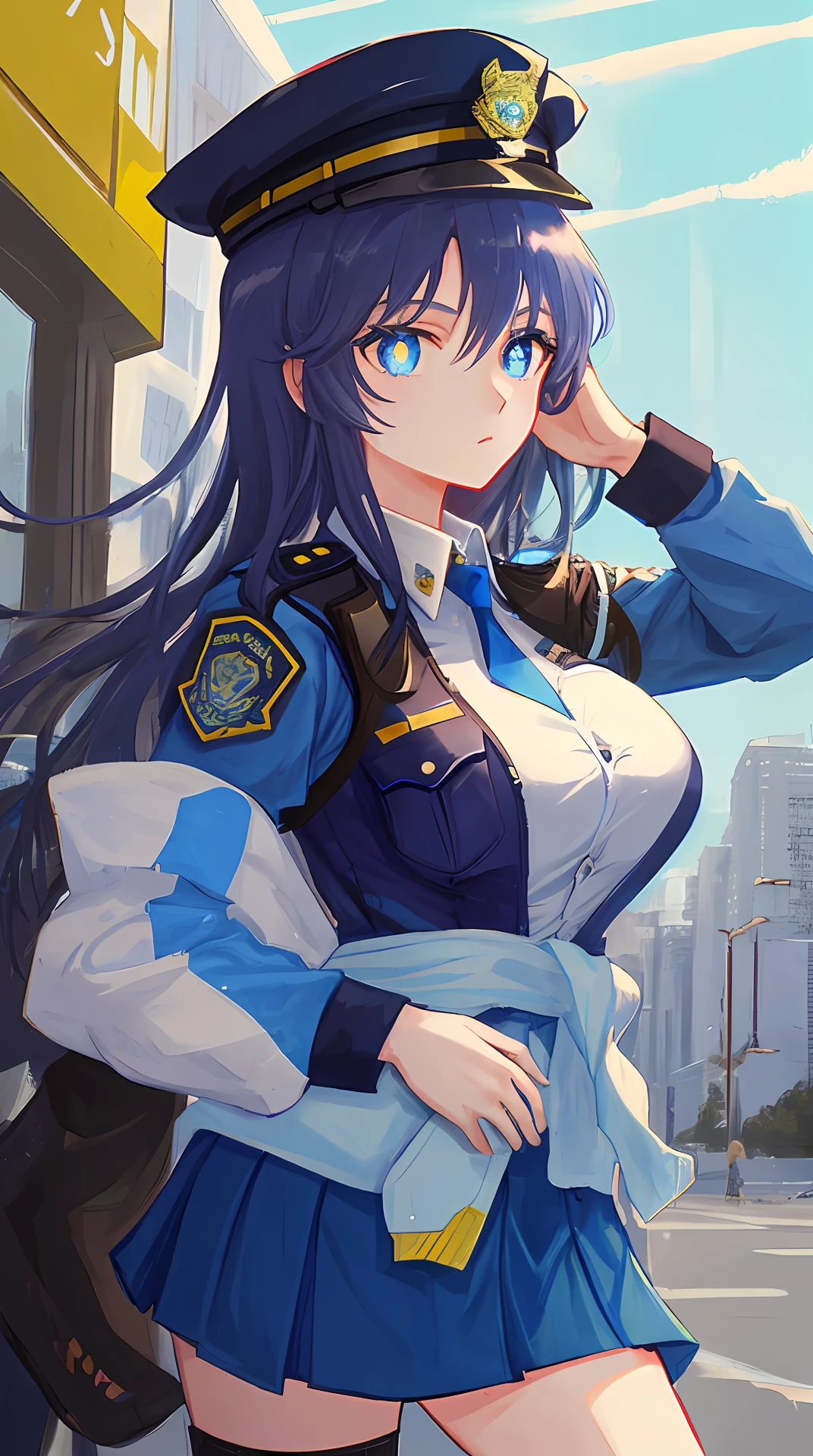anime big breast,A policewoman,blue long hair,Wearing a police hat,wearing police officer uniform,short skirt,blacksilk,A pistol was pinned to his waist,Blue pupils,By police car,saluting,The ultimate masterpiece