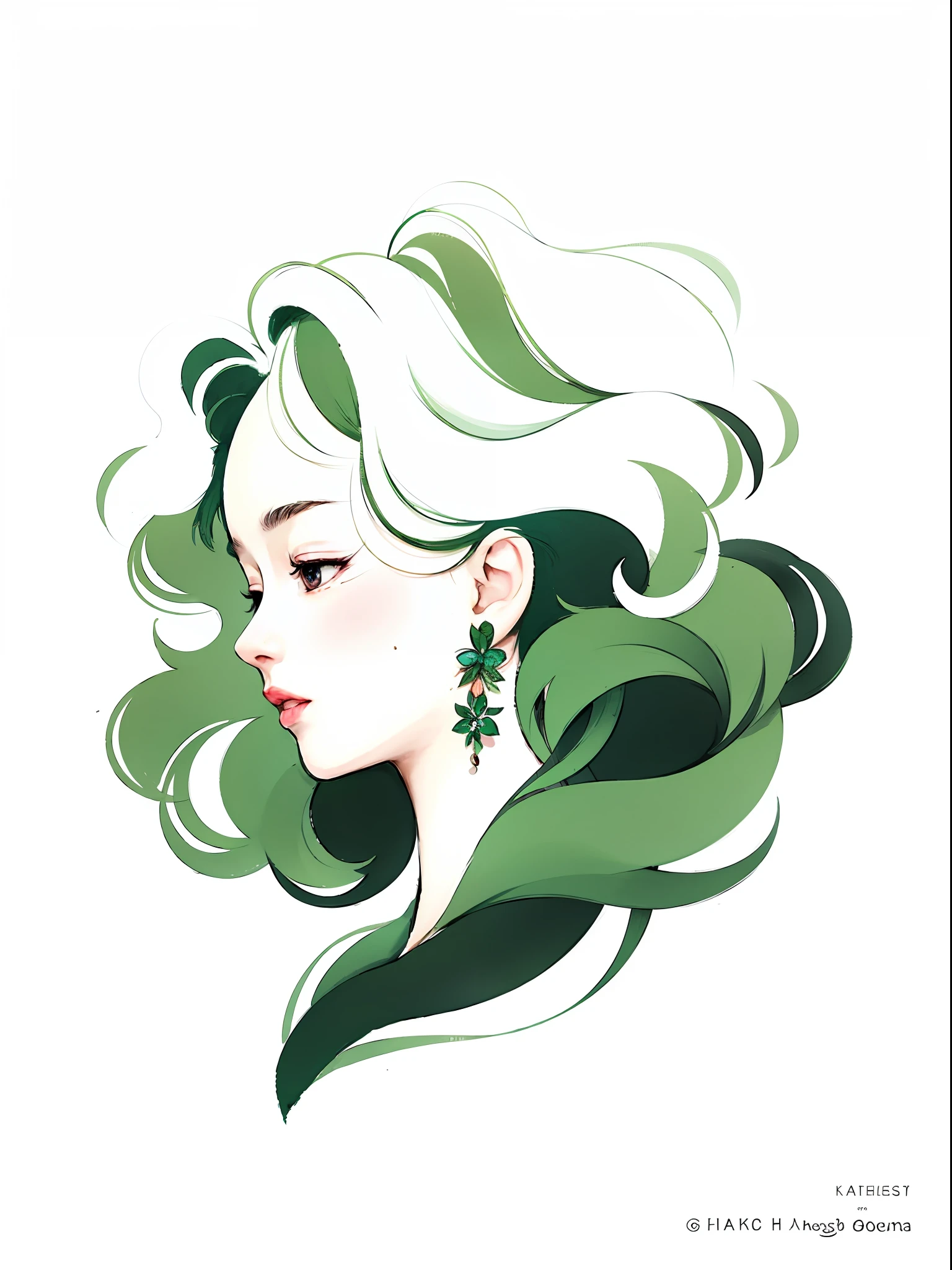 illustration of a woman with green hair and earrings, tatsumaki, tatsumaki with green curly hair, green flowing hair, a beautiful artwork illustration, loish art style, green feathery hair, character design portrait, dark green leaf hair, in style of digital illustration, character illustration, illustration style, green hair, inspired by loish, loish |